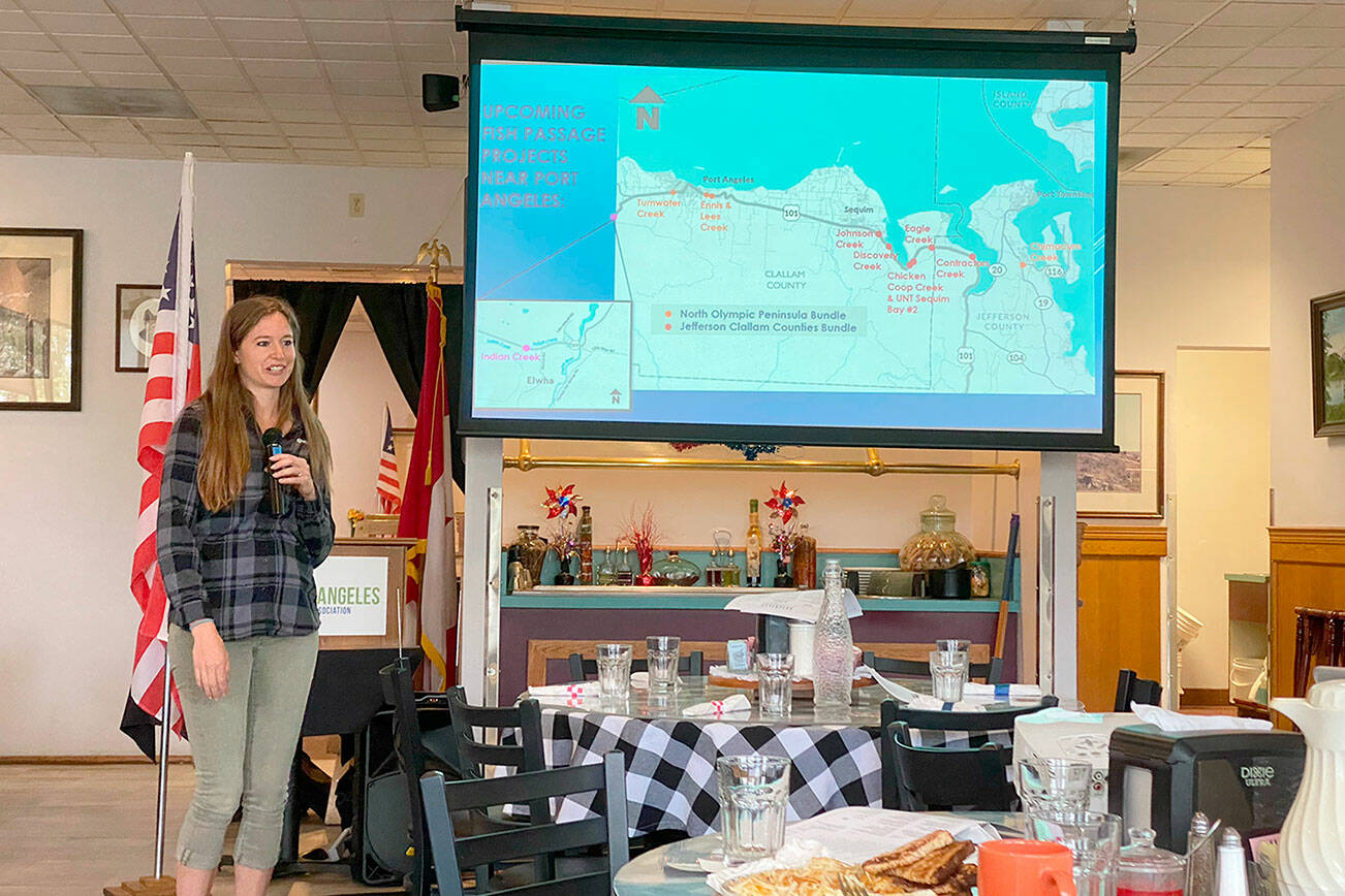 Piper Pettit, project manager for the state Department of Transportation, speaks to the Port Angeles Business Association on Tuesday about upcoming fish passage projects that will significantly impact traffic in the city. (Ken Park/Peninsula Daily News)
