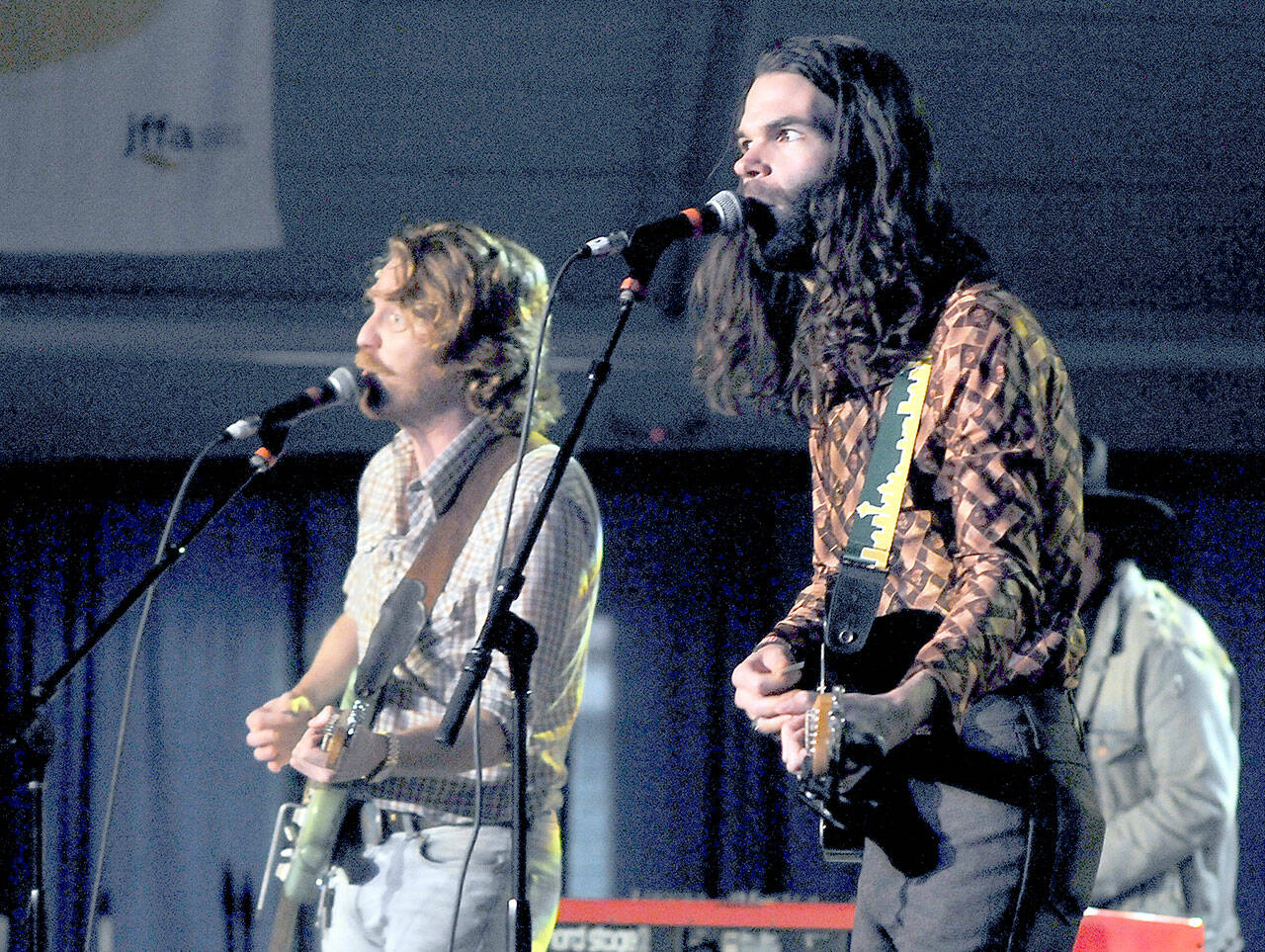 Trevor Pendras, left, and Hamilton Boyce of the Seattle-based band Country Lips perform on Saturday on the Main Stage at the Juan de Fuca Festival of the Arts in Port Angeles. (Keith Thorpe/Peninsula Daily News)