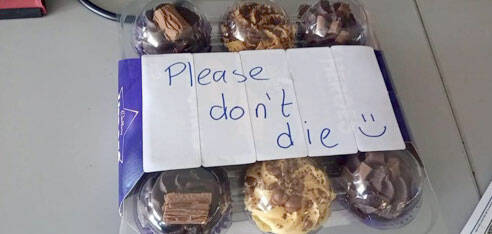 To wish him well, race competitor Bob McCall, 52, from Sharnford, England, received a package of cupcakes from coworkers labeled, “Please don’t die.” (Photo courtesy of Bob McCall)