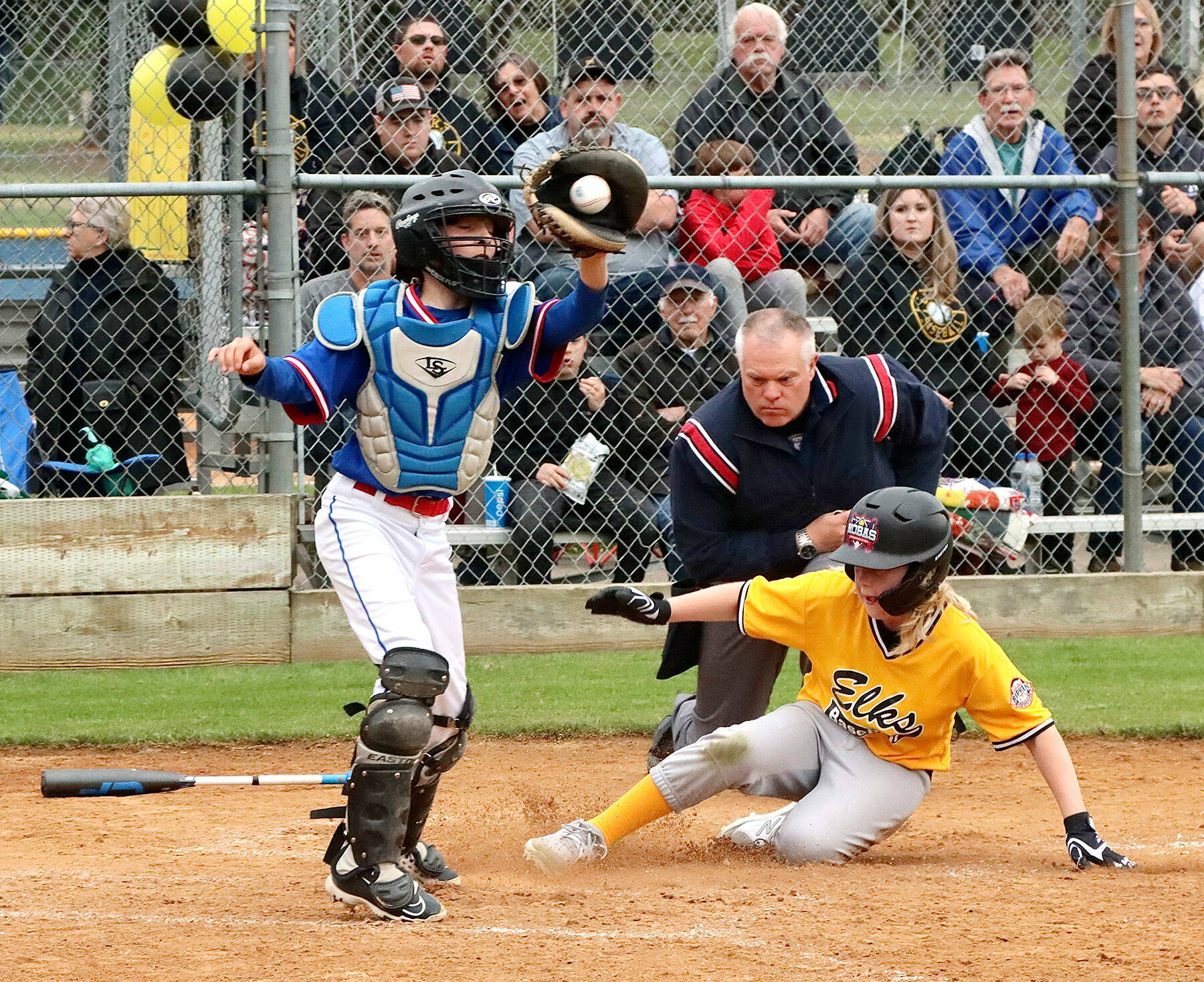 Elks Ben Clemens slides safely into home as the Eagles catcher Felix Gonzales gets the ball from the outfield to make the tag. Clemens scored two runs but the Eagles were able to win the Cal Ripken city championship game 7-2 Tuesday at the Lincoln Park complex. (Dave Logan/For Peninsula Daily News)