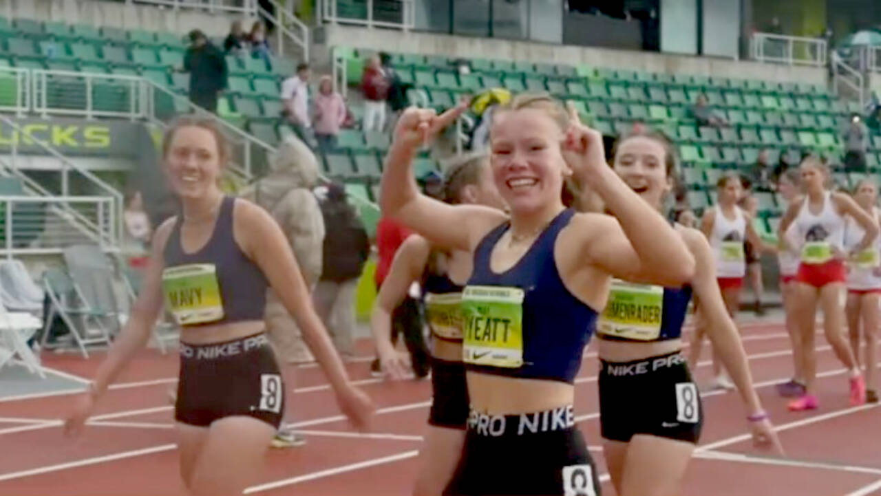 Nike video Sequim’s Riley Pyeatt celebrates with her teammates, from left, Eve Mavy, Hi’ilei Robinson and Bloomenrader after winning the women’s 4x400 emerging athlete championship at the Nike Nationals held in Autzen Stadium in Eugene, Ore., this weekend.