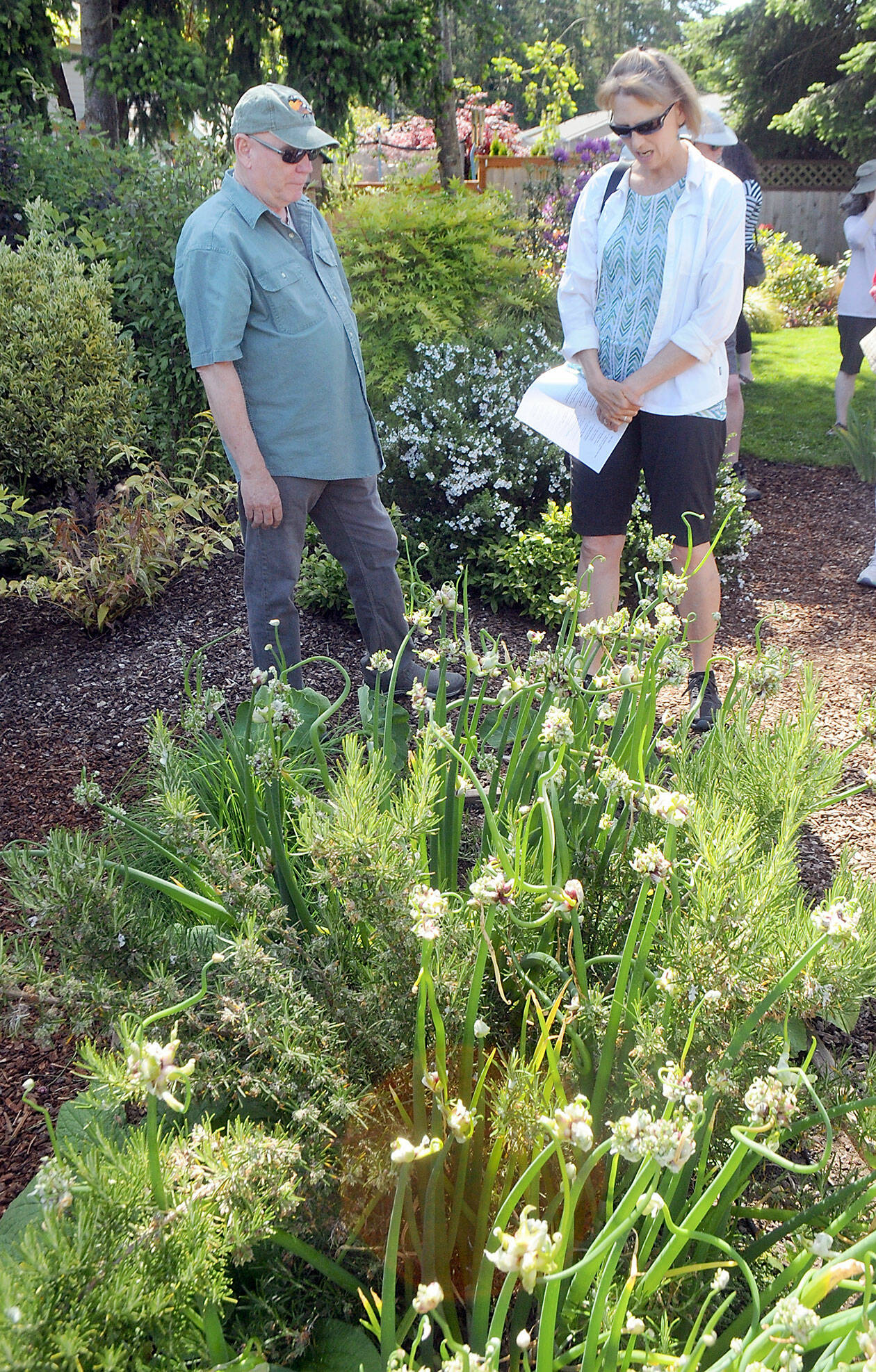 B.J. Bjork of Gig Harbor, right, talks with homeowner David Whiting about his bed of walking Egyptian onions during Saturday’s 27th annual Petals & Pathways Home Garden Tour. The event, organized by the Master Gardener Foundation of Clallam County, featured six locations in Port Angeles and along State Highway 112 selected for their beauty and variety. (Keith Thorpe/Peninsula Daily News)