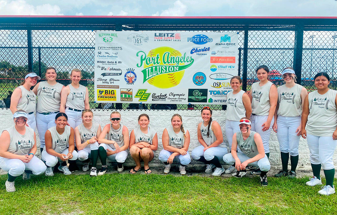 The Port Angeles Illusion 18U fastpitch softball team recently went 5-0-1 and won the championship in the High School Open divsion of the USSSA Space Coast Cup Super Regional Tournament in Melbourne, Fla. Team members are: Macy Aumock, Mackenzie Burke, Gracie Copeland, Michaela Green, Libby Hardee, JoCy Kazlauskas, Cydne Moore, Jadeah Nordberg, Ava-Anne Sheahan, Lizzy Soto, Mikkiah Stevens, Taylee Rome, Alyssa Vandenberg and Cheyenne Zimmer. Coaches not pictured are head coach Warren Stevens and assistants Leeah Faris, Greg Faris, Bucky Johnston and Rick Pennington. (Courtesy photo)