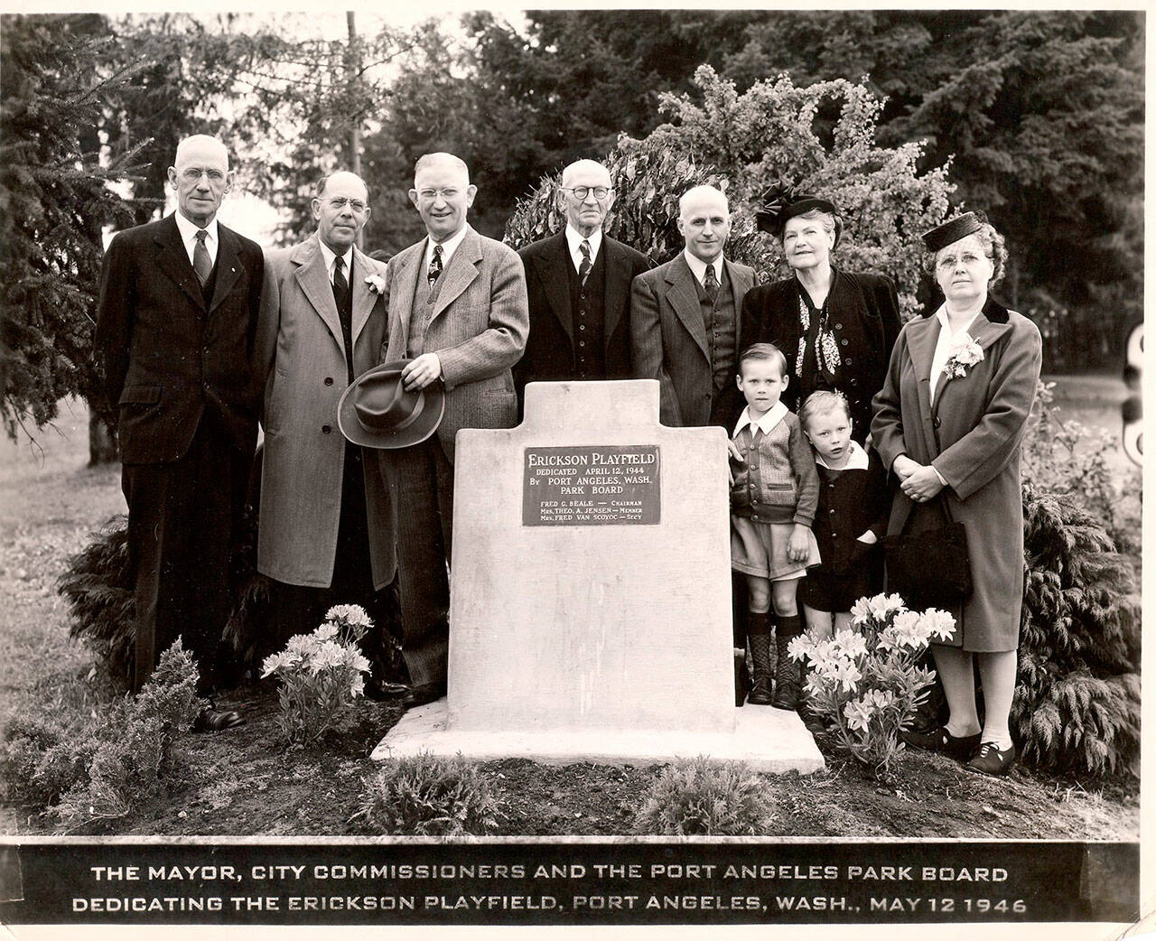 K.O. Erickson stands in the center with Port Angeles mayor’ and members of city commissioners and parks board on May 12, 1946. The plaque reads, “Erickson Playfield, Dedicatied April 12, 1944, by Port Angeles, Wash. Parks Board”. (Courtesy of North Olympic History Center)