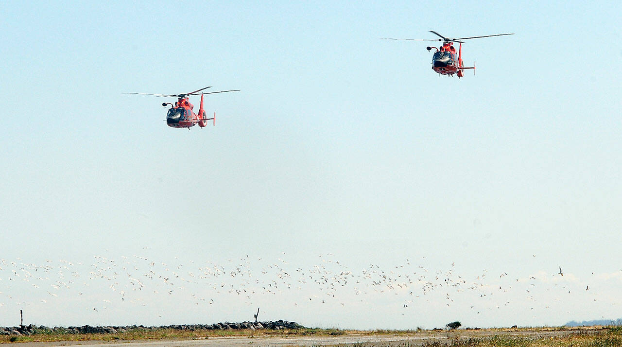 A pair of U.S. Coast Guard helicopters containing the incoming and outgoing commanding officers of U.S. Coast Guard Air Station/Sector Field Office Port Angeles make a flyby of the station during Thursday’s change of command ceremony. (Keith Thorpe/Peninsula Daily News)