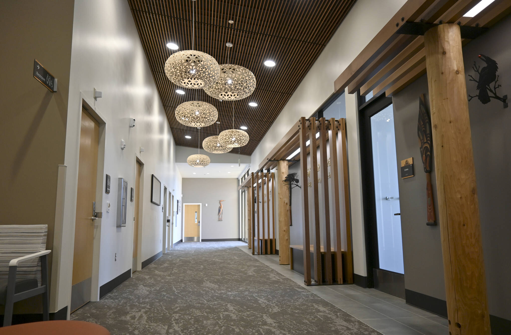 A hallway at the Jamestown S’Klallam Tribe’s Healing Clinic at 526 S. Ninth Ave. leads to several meeting rooms, where patients with opioid-use disorder (OUD) treatment receive counseling. The facility officially opens today. (Michael Dashiell/Olympic Peninsula News Group)