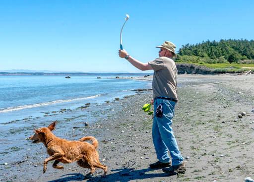 Mike Garling of Port Townsend chucks the ball for his Labradoodle Brody to fetch out of the Strait of Juan de Fuca at North Beach on a sunny day Monday. Temperatures are forecast to be in the mid- to upper 60s for the rest of the week, with some clouds moving in by Friday. (Steve Mullensky/for Peninsula Daily News)
