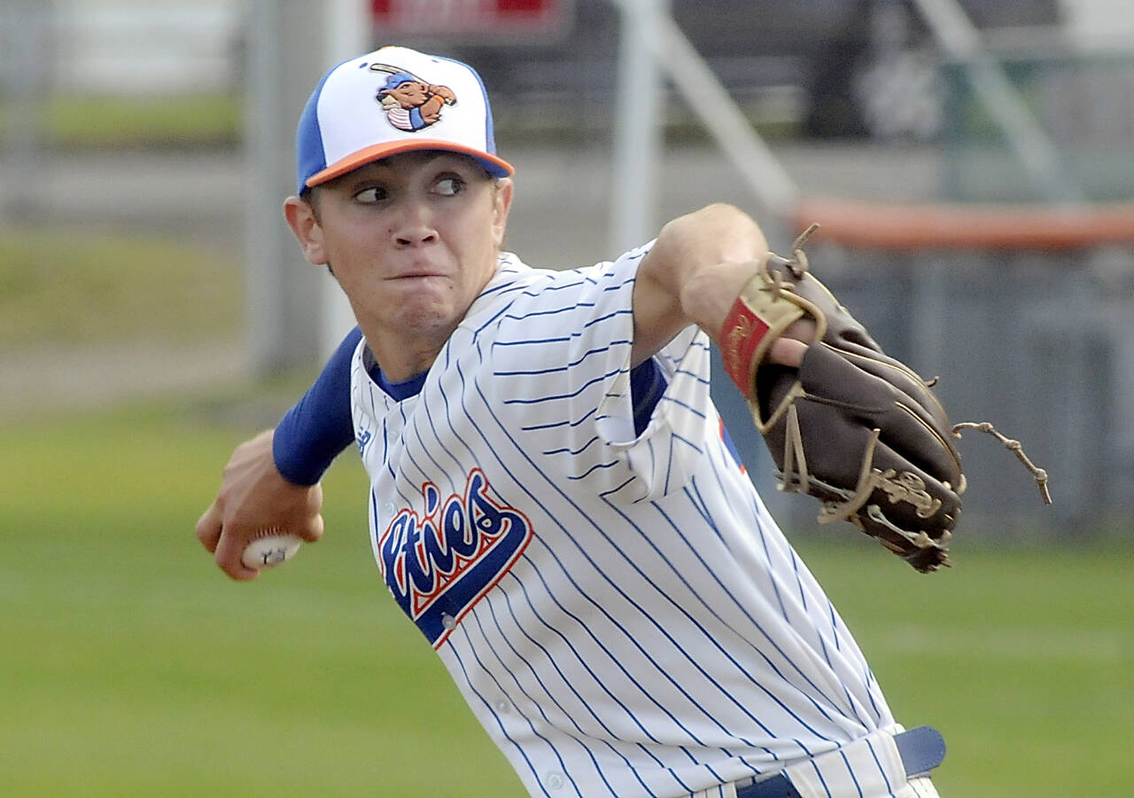 Keith Thorpe/Peninsula Daily News Lefties pitcher Zane Petty throws in the first inning against the Bend Elks on Thursday evening at Port Angeles Civic Field.
Keith Thorpe/Peninsula Daily News Lefties pitcher Zane Petty throws in the first inning against the Bend Elks on Thursday evening at Port Angeles Civic Field.
Lefties pitcher Zane Petty throws in the first inning against the Bend Elks in June at Port Angeles Civic Field. (Keith Thorpe/Peninsula Daily News)