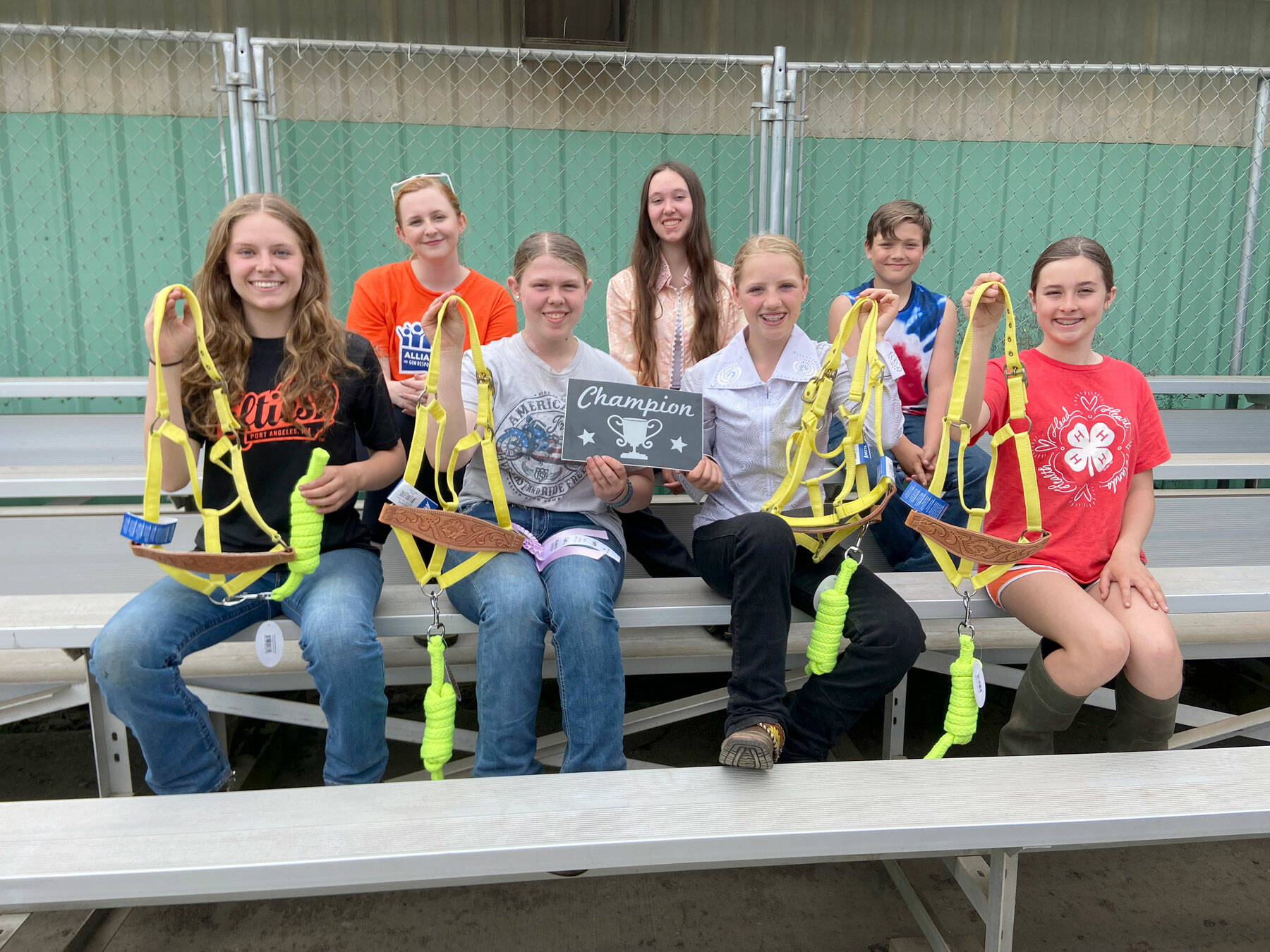 4-H horse club pre fair show high point winners at the Clallam County Fairgrounds are, front row from left: Taylor Maughan, Savannah Bolton, Asha Swanberg, Lila Torey. Back row from left: Ruby Coulson, Katelynn Sharpe and Aiden Johnstad. (Submitted by Katie Newton)