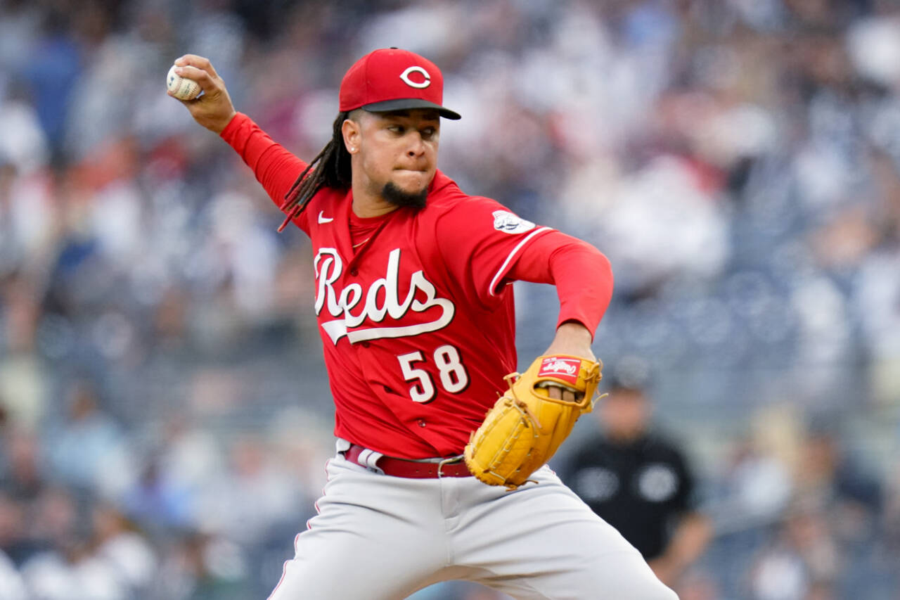 The Cincinnati Reds’ Luis Castillo pitches against the New York Yankees on July 14, 2022, in New York. He was traded to the Seattle Mariners on Friday. (AP Photo/Frank Franklin II)