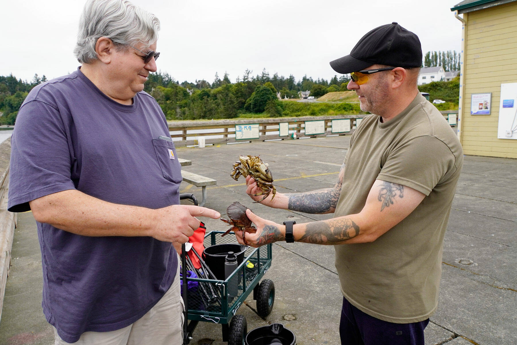 Scott Miller, left, of Silverdale points to the undersized rock crab that Tom Price of Spanaway is holding. Both men were crabbing off the Marine Science Center pier at Fort Worden on Thursday. The other crab was barely legal size, and Price put both back into the sea. (Steve Mullensky/for Peninsula Daily News)