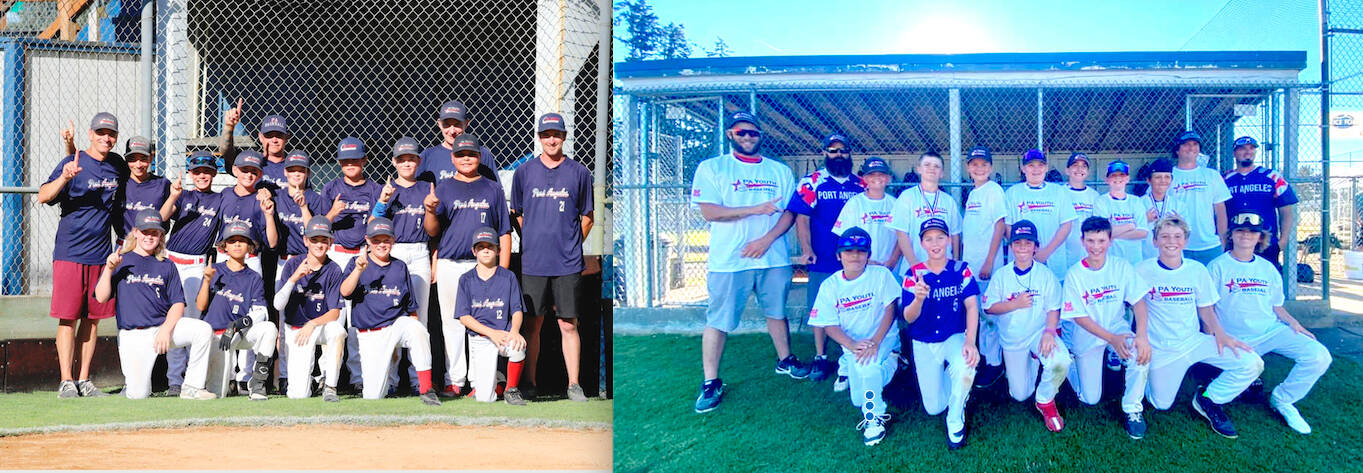 Left: The Port Angeles 12-year-old team that took first place in its division in the Dick Brown Memorial Tournament held this weekend at Lincoln Park. From left, back row, are Manager Carey Pavlak, assistant coach Sam Brenkman. From left, second row are assistant coach Eric Waterkotte, Diego Waterkotte, Felix Gonzales, Jaxson Boyd, Parker Pavlak, Kade Acker, Levi Bourm, Lalo Dominquez and assistant coach Jake Debray. From left, front, are Ben Clemens, Justice Wells, Zach Debray, Ethan Barbre and Jaret Thrall. Not pictured is Abe Brenkman, who left the game due to injury. Right: The Port Angeles 11-year-old team that took first place in its division in the Dick Brown Memorial Tournament held this weekend at Lincoln Park. From left, rear, are coach Tyler Wickersham, coach Jared Johnstad, Noah Johnstad, Logan Botero, Brett Monson, Easton Prchal, Peyton Strohauer, Grant Anderson, Landon Eastman, coach Chase Botero and coach Matt Prchal. From left, bottom, are Hudson Naman, Asher Irvine, Brayden Scott, Wyatt Bruch, Cannon Free and Boe Horejsi. (Courtesy photos)