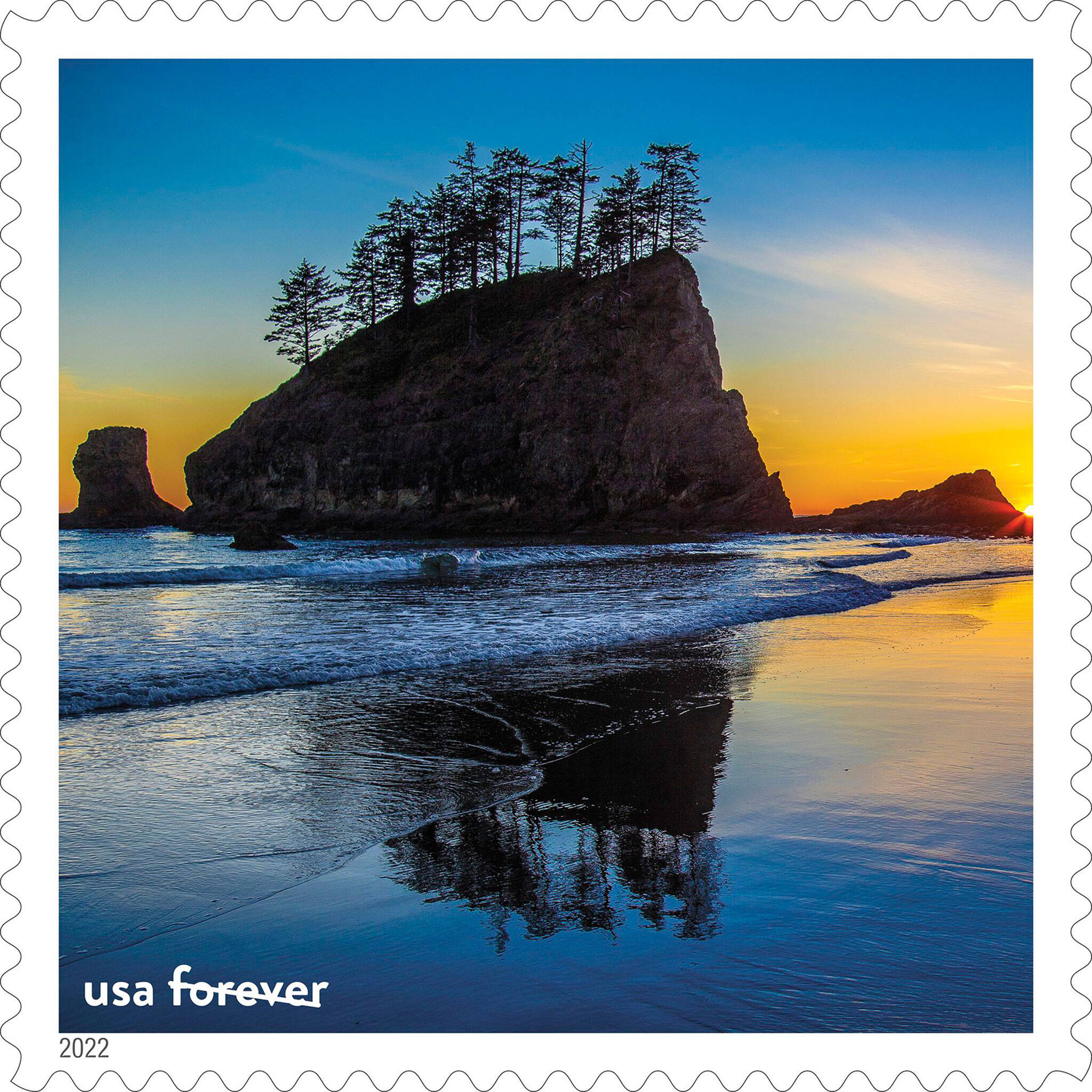Crying Lady Rock on Second Beach in Clallam County is part of a stamp set celebrating the Marine Protection, Research and Sanctuaries Act being signed into law Oct 23, 1972. The photograph was taken by Matt McIntosh. (Photo courtesy USPS)