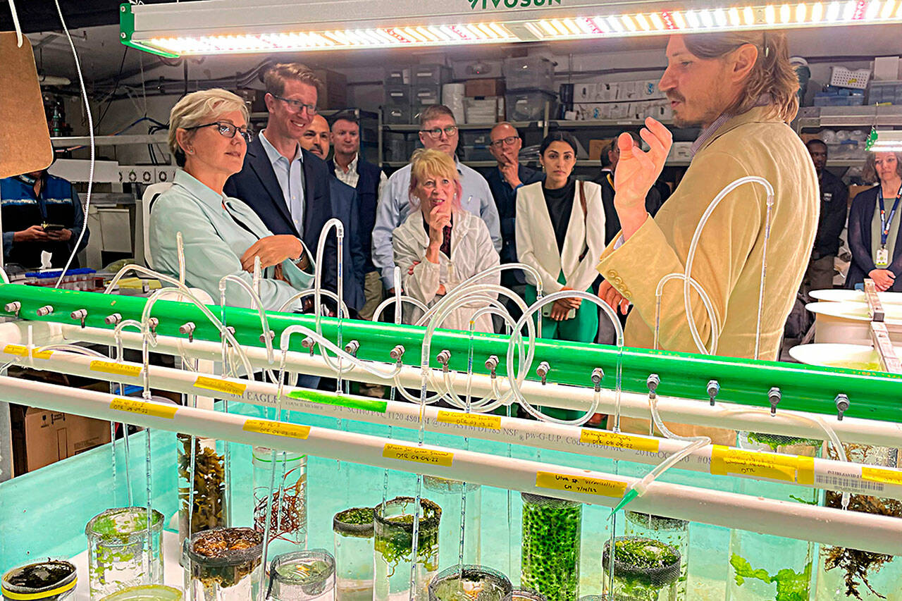 Matthew Nash / Olympic Peninsula News Group
Scott Edmundson, a PNNL-Sequim research botanist, speaks at PNNL-Sequim’s seawater propagation station with Jennifer Granholm, U.S. Secretary of Energy, U.S. Rep. Derek Kilmer, Geri Richmond, DOE’s undersecretary for Science and Innovation, and others about PNNL-Sequim’s efforts to harness essential minerals from the ocean and plant life.