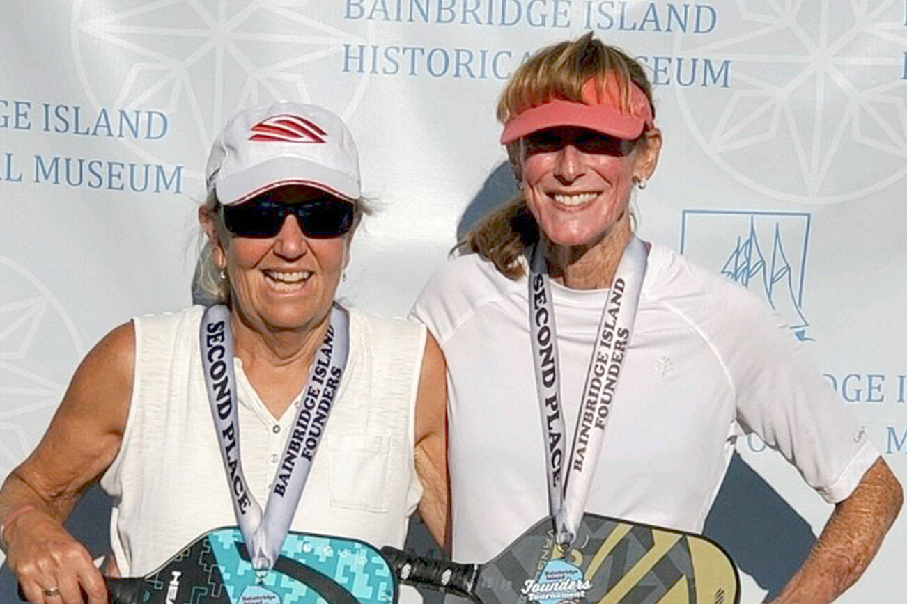 Pickleball players Mary Critchlow, left of Port Townsend and Port Angeles' Colleen Alger earned silver in the 50-plus age group 4.0 at the Bainbridge Island Founders Tournament. Bainbridge Island is known as the birthplace of pickleball.