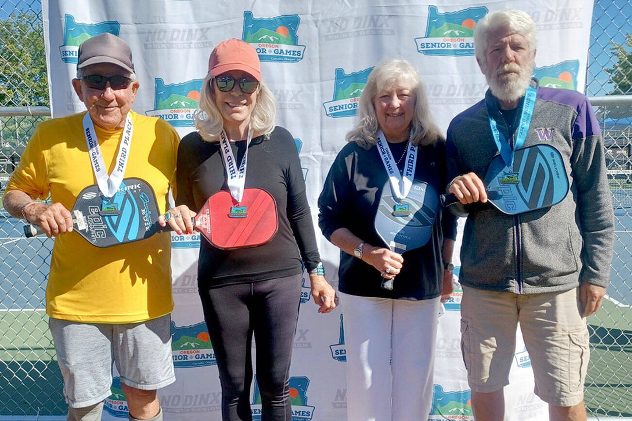 North Olympic Peninsula pickleball players earned medals at the Oregon State Senior Games in Albany, Ore. Players from left, Bob Sester and Katinka Nanna of Sequim and  Lynda Schroeder and Steve Bennett of Port Angeles.