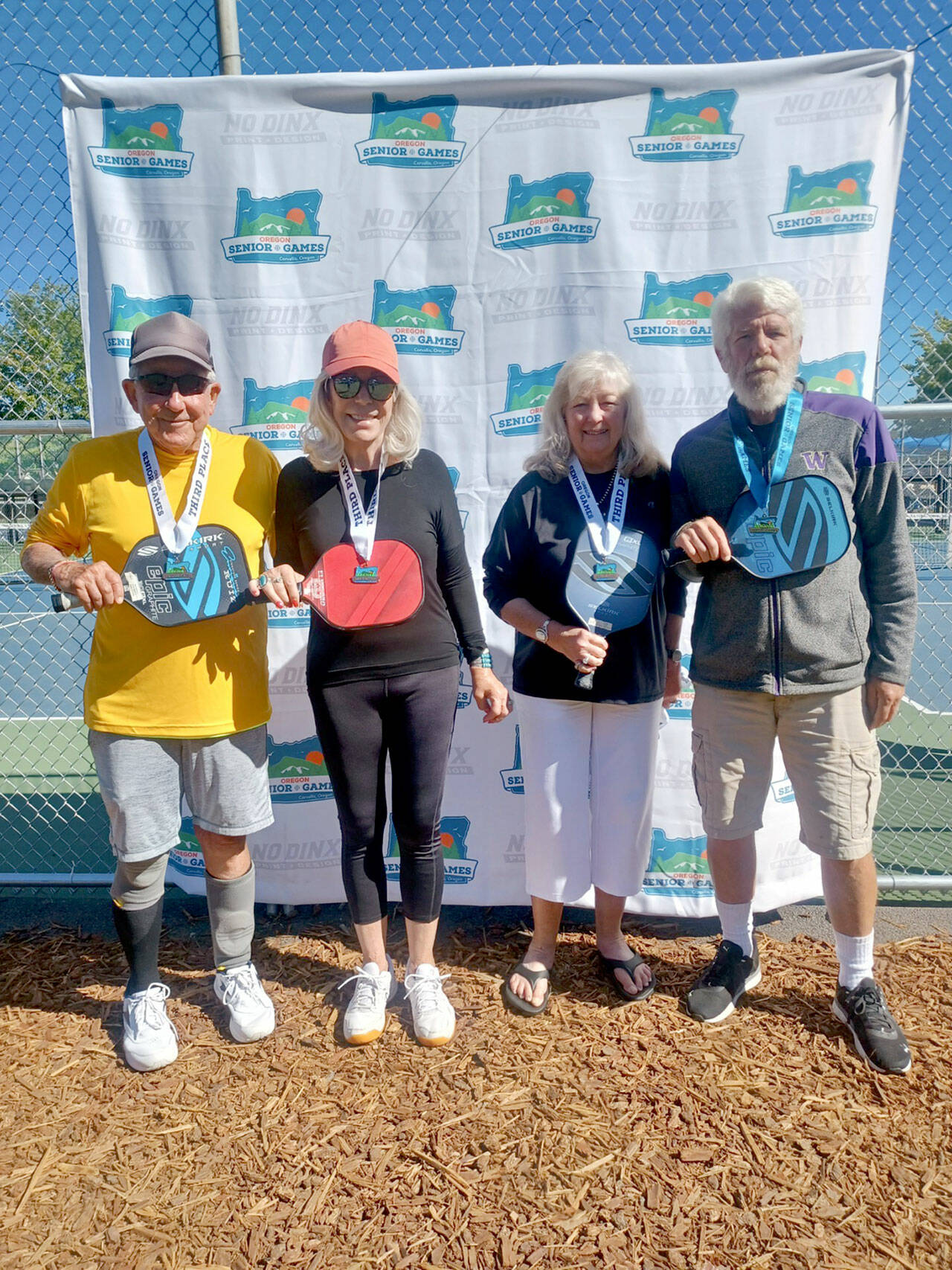North Olympic Peninsula pickleball players earned medals at the Oregon State Senior Games in Albany, Ore. Players from left, Bob Sester and Katinka Nanna of Sequim and Lynda Schroeder and Steve Bennett of Port Angeles.