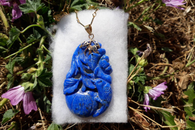 Carved lapis pendants and other jewelry will be for sale at the Clallam County Gem & Mineral Association’s Rock, Gem & Jewelry Show. (Photo courtesy of Kathy Schreiner/Clallam County Gem & Mineral Association)