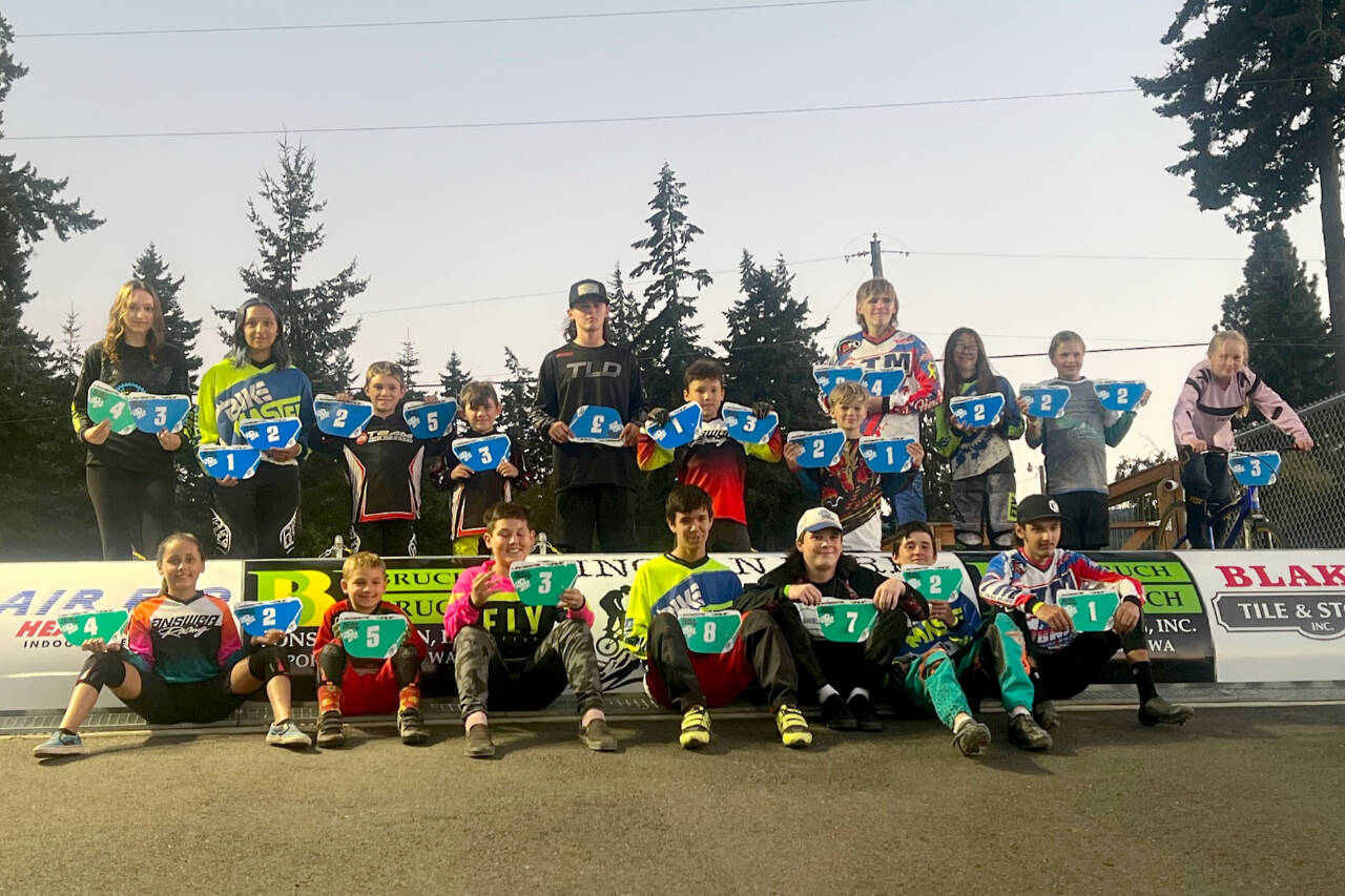 Courtesy photo
This weekend, several riders from Lincoln Park BMX in Port Angeles traveled to Spokane to compete in the Washington State BMX Finals and earned their state plates, earning them the privilege to compete in the Pacific Northwest Gold Cup finals to be held in Port Angeles Sept. 16-18. From left, back row, are Cholena Morrison, Trinity Gather, Bradan Gray, Bennett Gray, Cash Coleman, Kameron Langdon, Mason Wilcox-Olton, Jackson Beal, Makaylie Underwood, Kylin Weitz, Teyah Elfoson-Cross. From left, bottom row, are Nyah Langdon, Logan Gray, Christian Snavely, Caleb Underwood, Toby Kreider Jr. Ryan Albin Jr.,  Gabriel Granum.