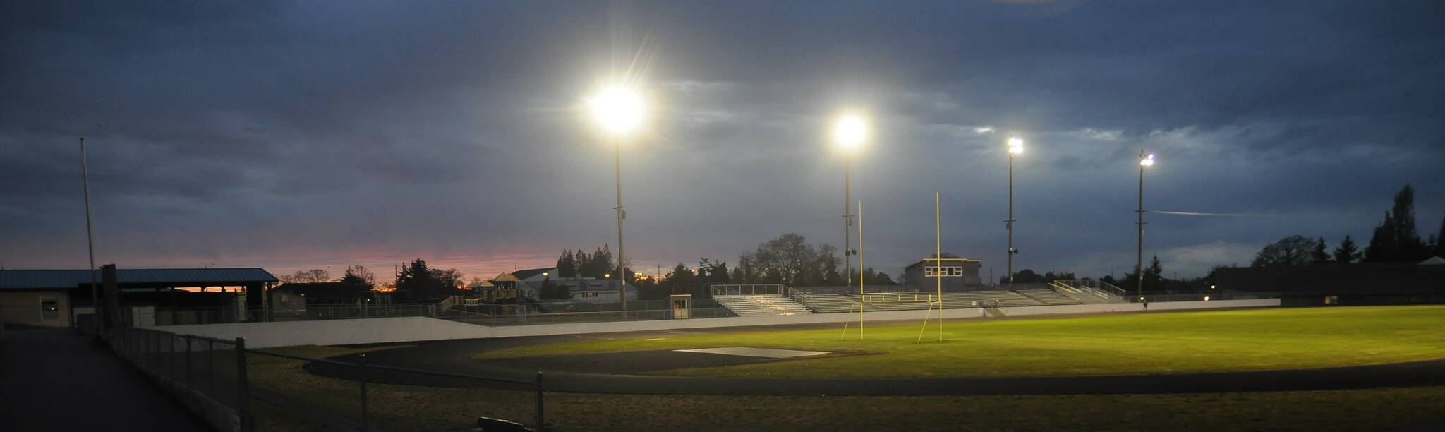 Michael Dashiell/Olympic Peninsula News Group
The Sequim football field sits empty during a Salute to Seniors event on April 17, 2020. The stadium and field will be named and dedicated at a ceremony before tonight's Sequim-Bainbridge football game.