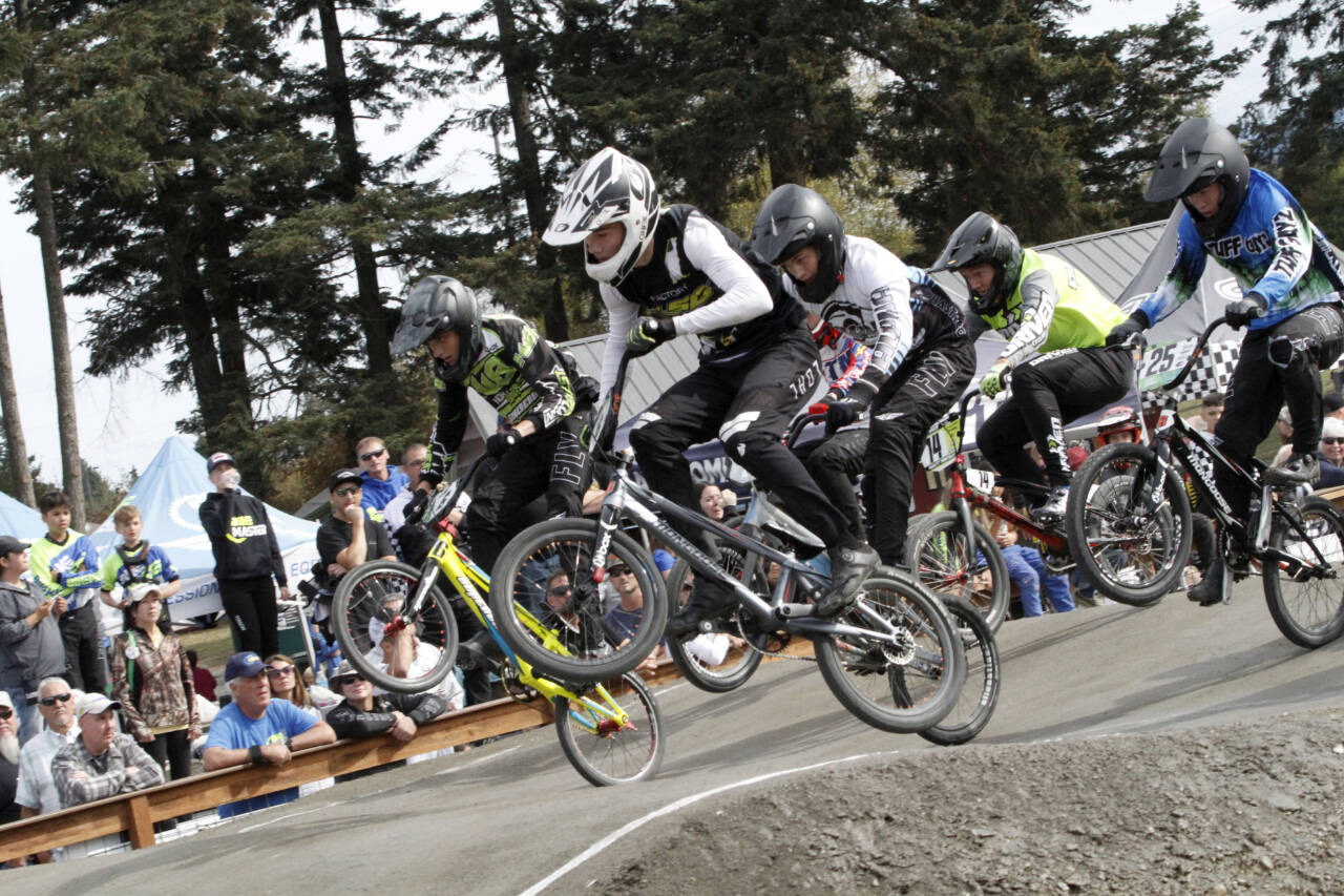 BMX Riders take off at the start line Sunday at the Lincoln Park BMX track during the BMX USA Pacific Northwest Gold Cup finals. More than 500 riders from 10 states participated in the weekend-long event. (Courtesy of USA BMX/Craig Barrett)