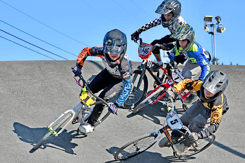 More than 500 racers from 11 states competed all weekend at the USA BMX Pacific Northwest Gold Cup finals hosted by the Lincoln Park BMX Park. Here, Nixon Thompson (1) of Saratoga Springs, Utah, Jett Fishbaugh (46) of Tacoma, Colton Hackett (1) of Arlington and Sébastien White (5) of Gillette, Wyo., race in the 9 expert class. Winning this class for the second time in two days was Braden Gray of Port Angeles. (Jay Cline/Lincoln Park BMX)