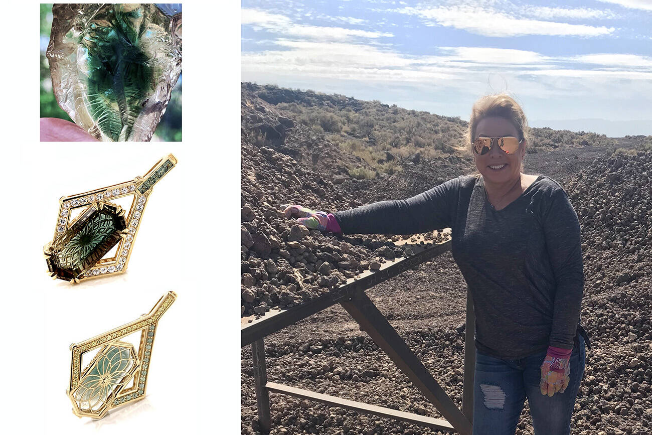 Robin Callahan at an Oregon Sunstone mine. The rough oregon sunstone that miner Chris Rose carried in his pocket, and the front and back of the pendant Callahan created after lapidary artist Dalan Hargrave cut the gem. The pendant is now part of the Somewhere in the Rainbow collection.