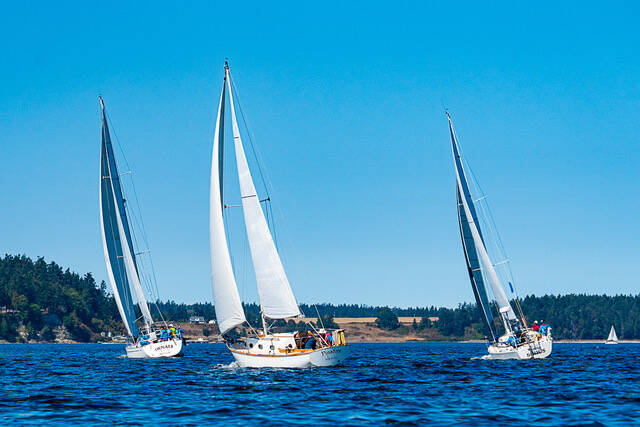 Photo by Fran Reisner Thompson / From left, Denali (skippered by Bob BacCauley), Pinafore (skippered by Bernie Armstrong) and Sirius (skippered by Durkee Richards) compete in the Reach and Row for Hospice on Sequim Bay on Sunday.