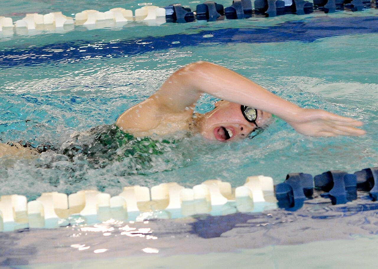 KEITH THORPE/PENINSULA DAILY NEWS Danika Asgeirsson of Port Angeles swims in the 500-yard freestyle event in Wednesday’s dual meet against Klahowya at the Shore Aquatic Center in Port Angeles. She went on to win the event with an unofficial time of 6:04.5.