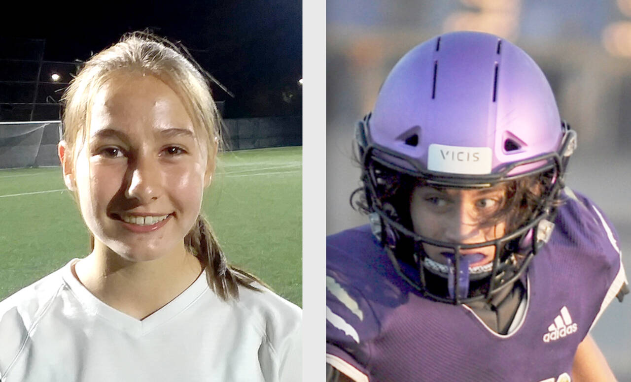 Taryn Johnson, left, and Aiden Gockerell. Johnson scored five goals for the Sequim girls soccer team against Olympic last week while Gockerell ran for 204 yards on 32 carries for the Wolves in their epic 36-32 win over Port Angeles on Friday.