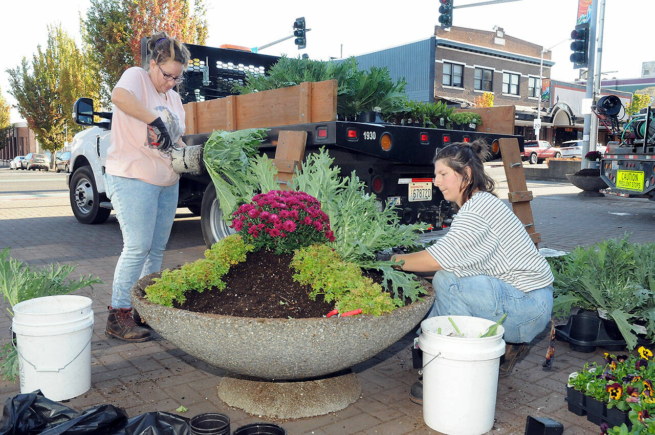 Port Angeles Parks and Recreation Department workers Kimberly Noble, left, and Destiny Walters add autumn plants to a decorative basin at the Conrad Dyar Memorial Fountain on Friday in downtown Port Angeles. Plants at the fountain and at other locations in the downtown area are periodically replaced with vegetation appropriate to the season. (KEITH THORPE/PENINSULA DAILY NEWS)