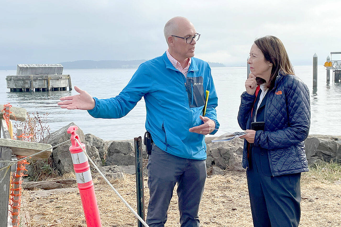 U.S. Sen. Maria Cantwell, right, visits the jetty renovation project at Point Hudson with Port of Port Townsend Executive Director Eron Berg. Half of the funds for the $14.1 million project came from a $7 million Economic Development Administration grant from the U.S. Department of Commerce. Cantwell is Chair of the Senate Committee on Commerce, Science, and Transportation. (Paula Hunt/Peninsula Daily News)