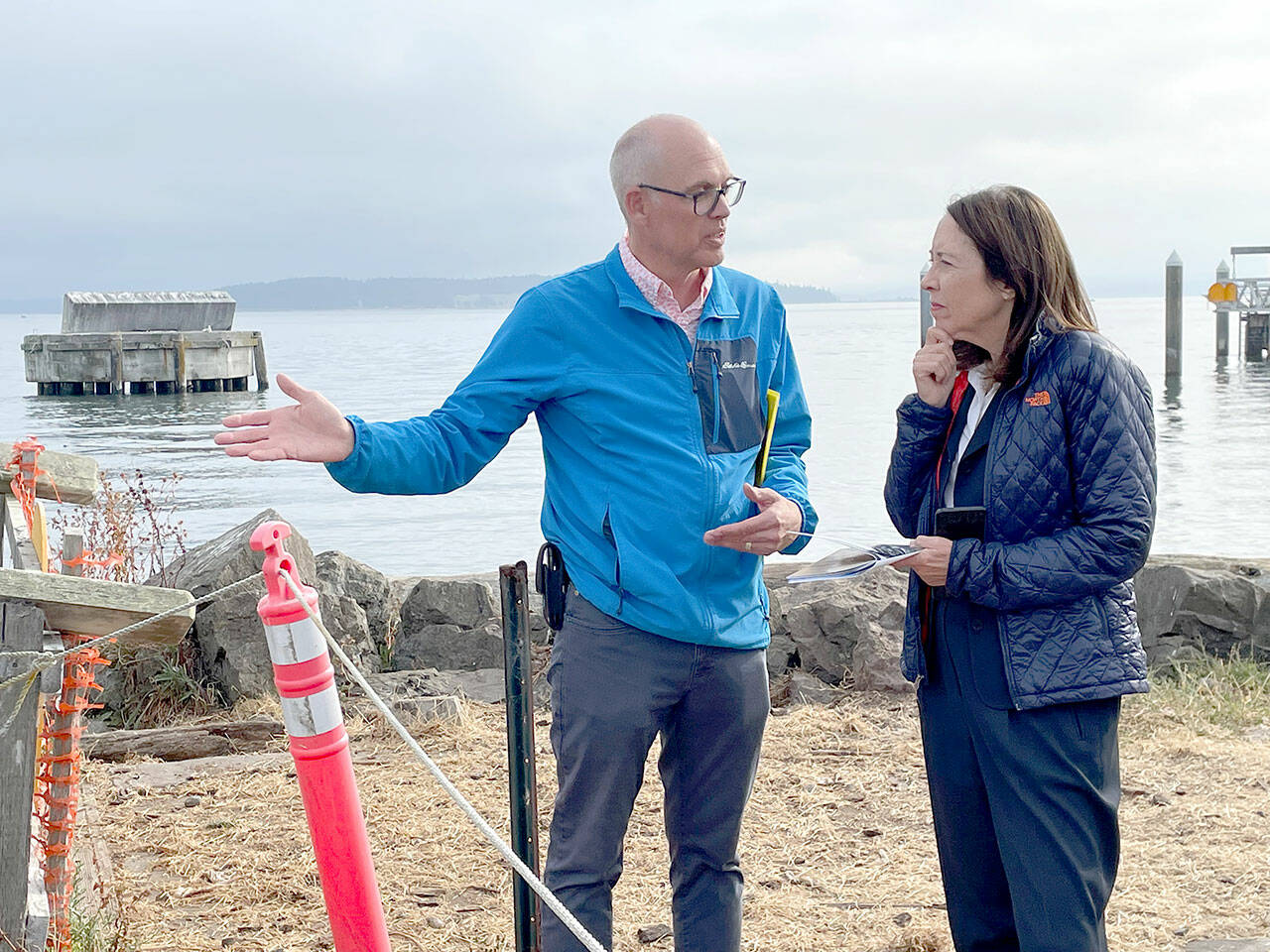 U.S. Sen. Maria Cantwell, right, visits the jetty renovation project at Point Hudson with Port of Port Townsend Executive Director Eron Berg. Half of the funds for the $14.1 million project came from a $7 million Economic Development Administration grant from the U.S. Department of Commerce. Cantwell is Chair of the Senate Committee on Commerce, Science, and Transportation. (Paula Hunt/Peninsula Daily News)