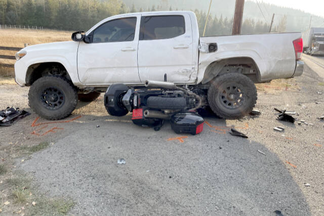 PAULA HUNT/PENINSULA DAILY NEWS A Yamaha motorcycle and a Toyota Tacoma truck were involved in a collision Friday on state Highway 19.