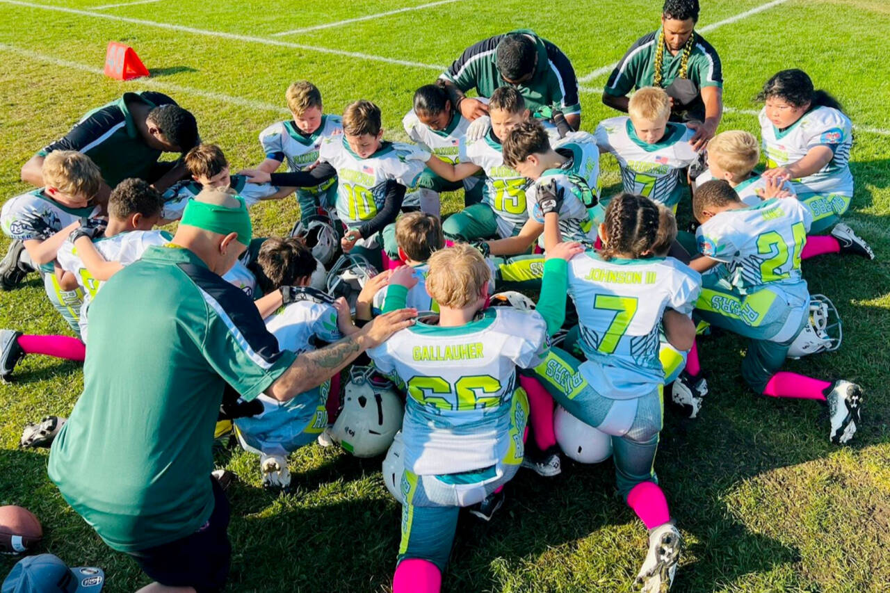 Port Angeles Future Riders White C players get together for a team prayer after one of their recent games. The White C team is 5-0 on the season. Players include Silas DelaBarre, Henry Fors, Wesley Toli, Tre Johnson III, Lincoln Haller, Jaidyn Eastman, Trevor Gallauher, Kameron Langdon, Nick Somers, Amaru Jones, Nason Henning, Blake Petersen, Ryan Somers, Tydus Woods, Kameron Tinoco, Jackson Melnick, Mason Martinez and Jarrett McNeely.