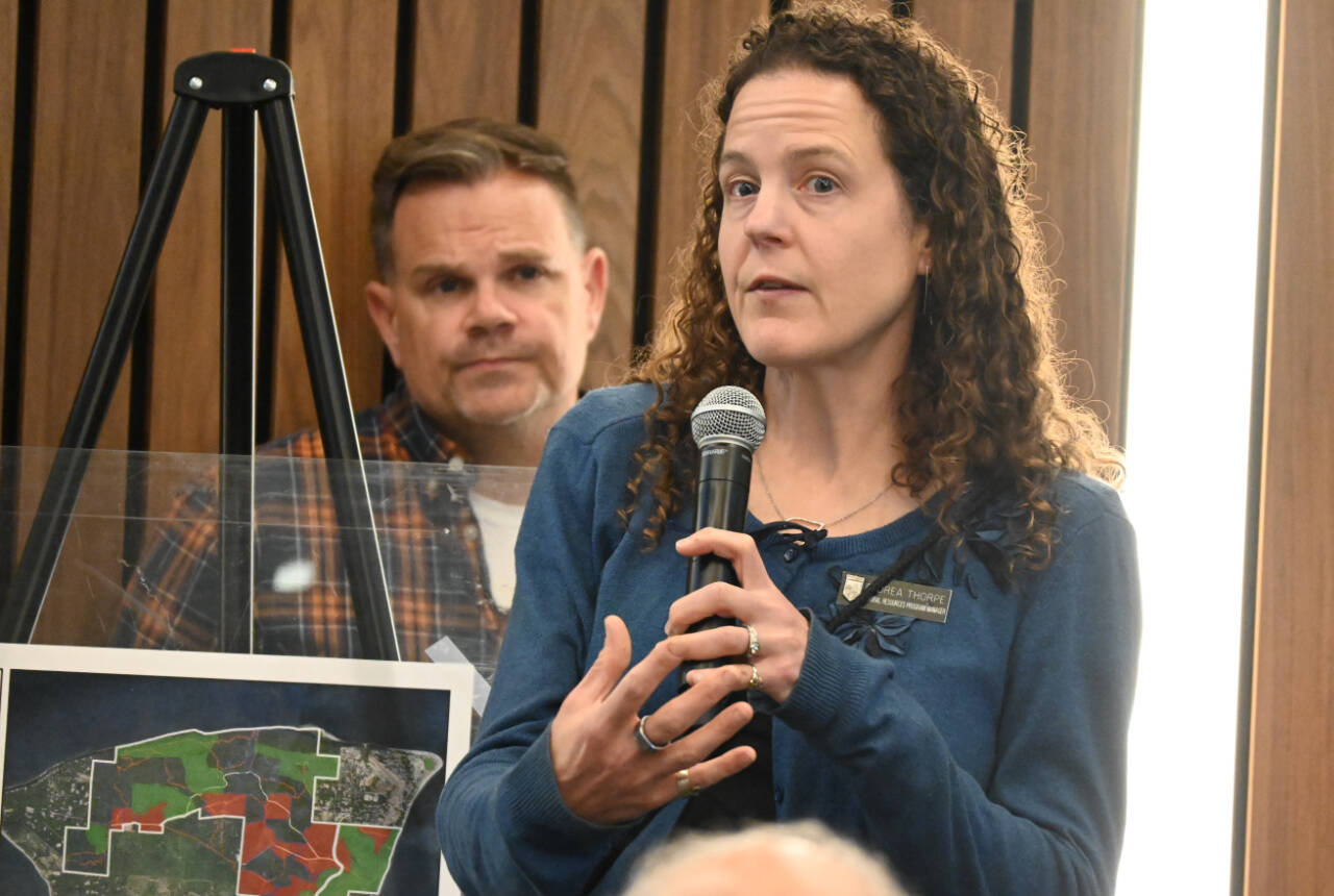 Andrea Thorpe, Natural Resources Program manager with Washington State Parks and Recreation Commission, speaks at a meeting in Blyn regarding possible development of Miller Peninsula State Park. (Michael Dashiell/Olympic Peninsula News Group)