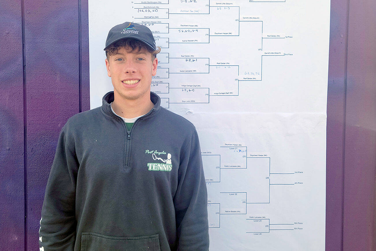 Port Angeles Tennis
Port Angeles' No. 1 singles player Reef Gelder knocked off tournament top seed Garrett Little of Sequim 6-4, 7-6 to win the Olympic League Boys Tennis Singles Championship on Tuesday at North Kitsap High School.