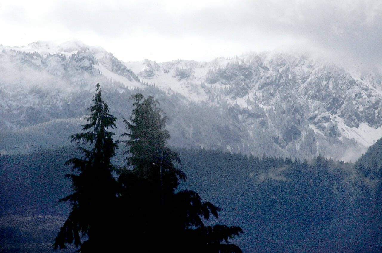 A fresh dusting of snow blankets the peaks at Klahhane Ridge south of Port Angeles on Saturday as the first significant snow of the season arrives at Olympic National Park. Unseasonably warm temperatures and dry conditions have kept the ridge bare wall beyond the traditional appearance of the initial snows of autumn. (Keith Thorpe/Peninsula Daily News)