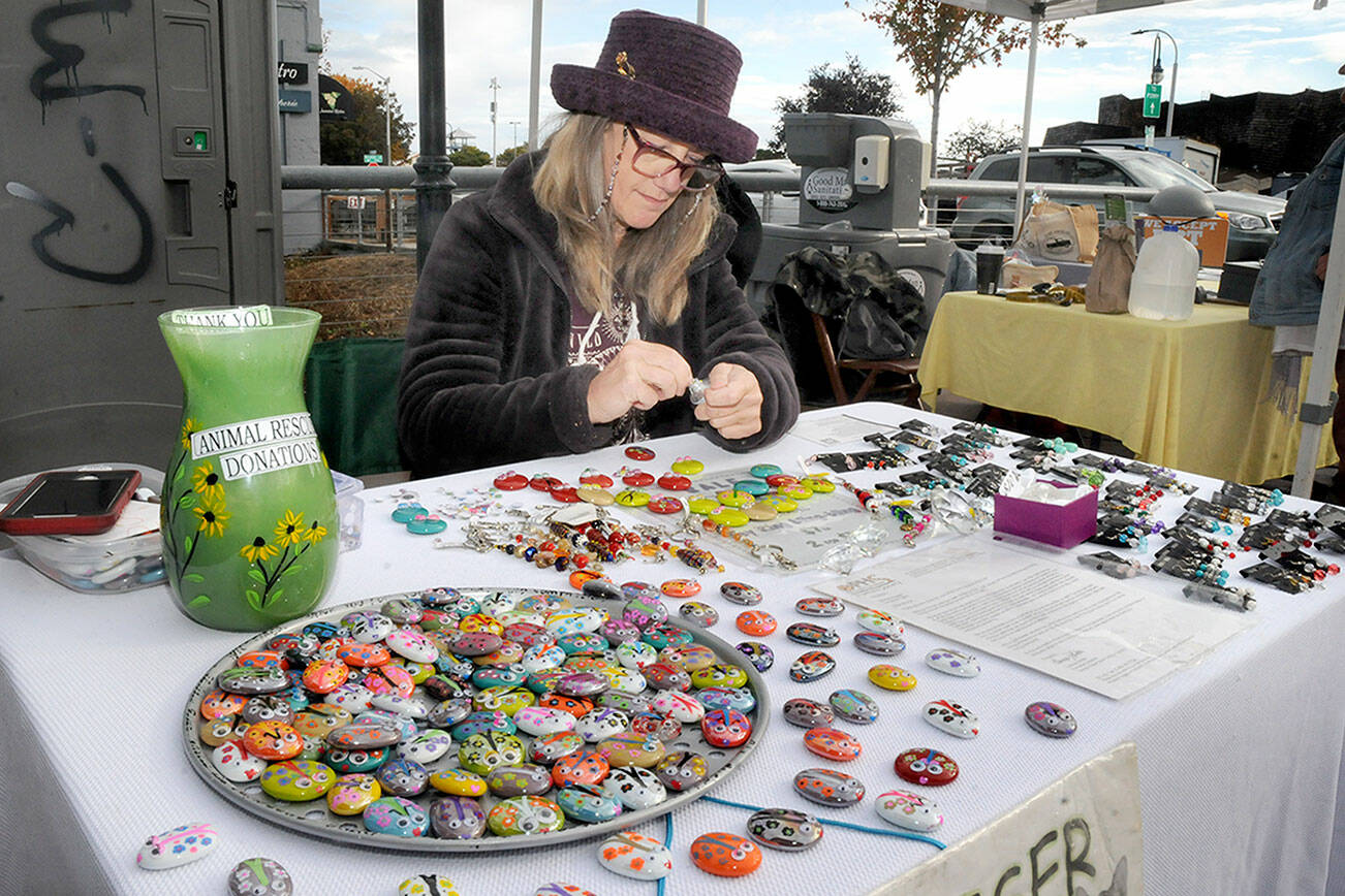 Keith Thorpe/Peninsula Daily News
Sharon Prosser of Sequim creates refrigerator magnets with hand-painted rocks as part of the Ladybug Project, a fund-raising effort for the Olympic Peninsula Humane Society. Prosser was making and selling magnets for $1 each and taking monetary donations to the society on Saturday at the Port Angeles Farmers Market.