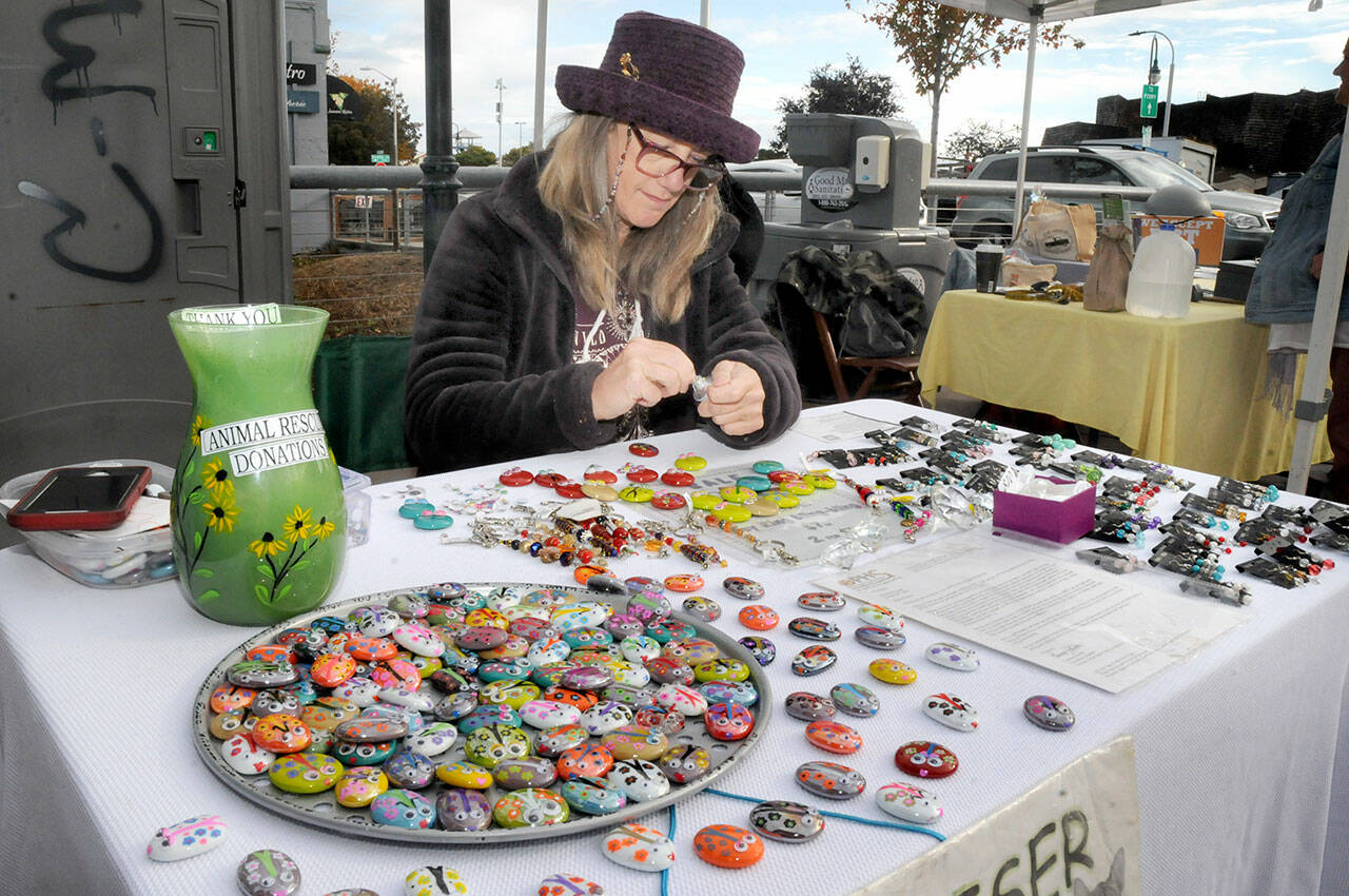 Sharon Prosser of Sequim creates refrigerator magnets with hand-painted rocks as part of the Ladybug Project, a fund-raising effort for the Olympic Peninsula Humane Society. (Keith Thorpe/Peninsula Daily News)