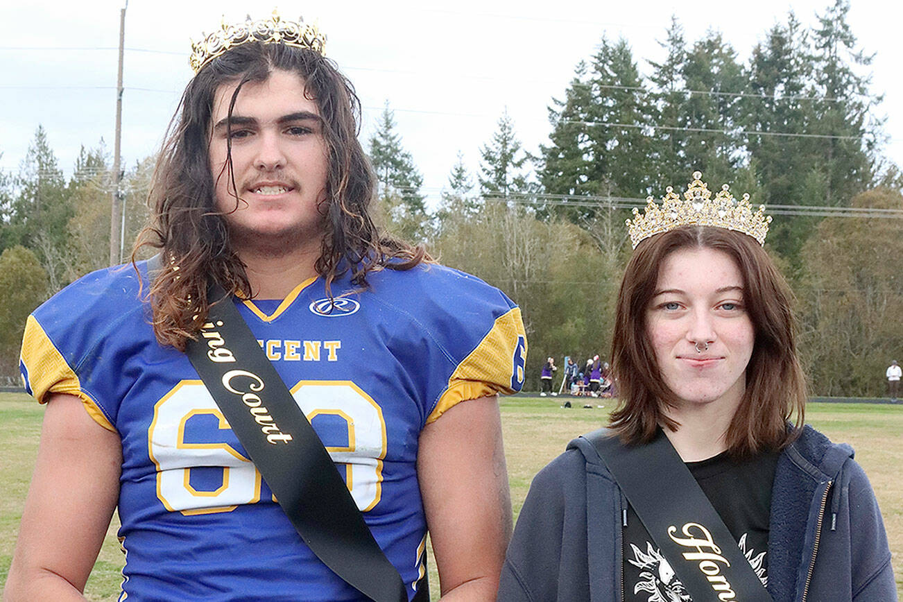 The Crescent High School king and queen of Homecoming 2022 are Conner Ferro-May and Bay Peppard. They were crowned at halftime the Loggers’ home football game against Quilcene on Saturday at Crescent School. (Dave Logan/for Peninsula Daily News)