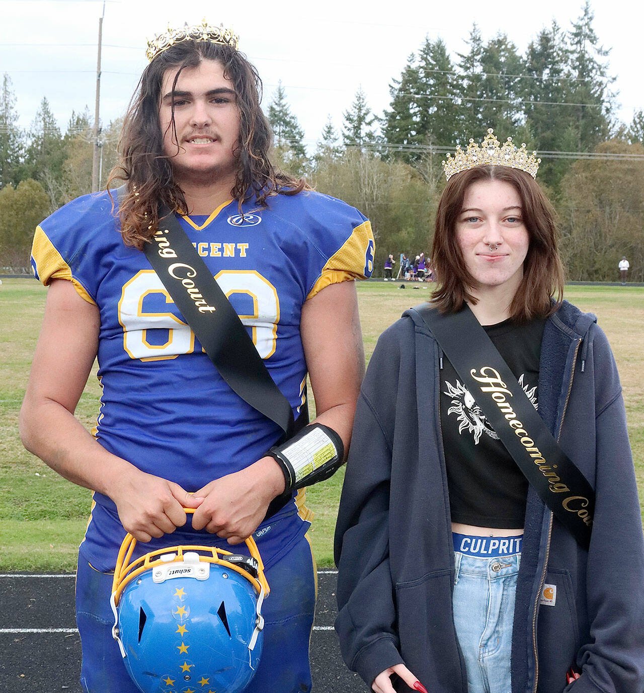 The Crescent High School king and queen of Homecoming 2022 are Conner Ferro-May and Bay Peppard. They were crowned at halftime the Loggers’ home football game against Quilcene on Saturday at Crescent School. (Dave Logan/for Peninsula Daily News)