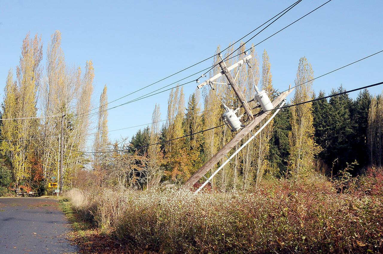 Electrical transformers dangle from powerlines on Saturday after a power pole was snapped by a toppled tree along Gilbert Road near Carlsborg. (Keith Thorpe/Peninsula Daily News)