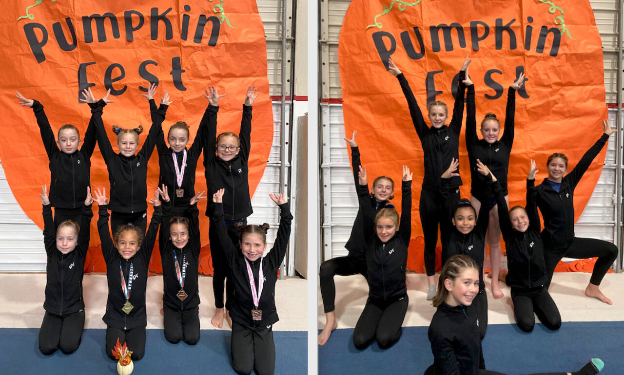 (Left) The Klahhane Gymnastics bronze team. From left, front, are McKinlee Thomason, CarlyMae Riggs, Paytynn Lindley and Charlotte Nevil. From left, back, are Raeleigh Thomason, Morgan Smith, Lainey DePiro and Harper Waterkotte.
(Right) The Klahhane Gymnastics gold and platinum gymnasts. In the front is Harper Hilliker. From left, middle, are Gracelyn Goss, Raynee Ciarlo, Kira Hartman, Elyse Brown and Scarlett Sullivan. From left, standing, are Daylen Williams and Lucy Spekler.