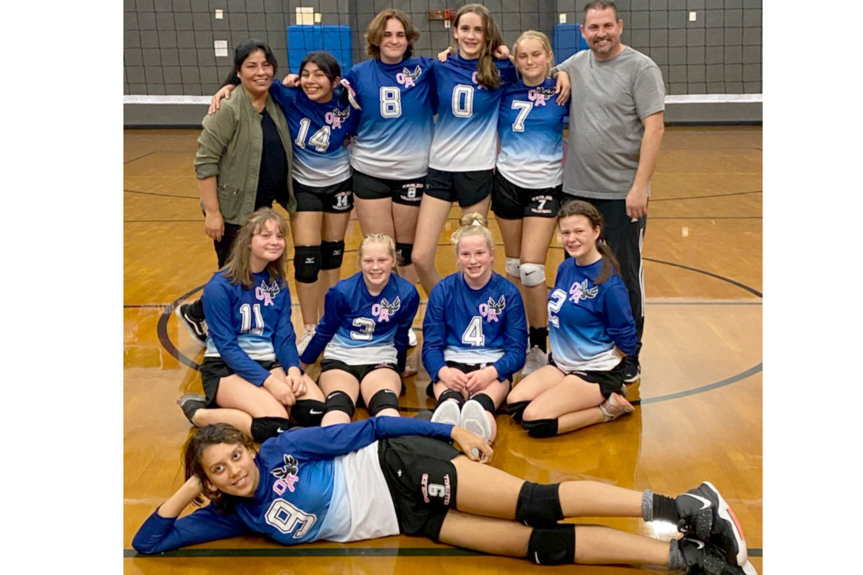 Courtesy photo
The Queen of Angels volleyball team went 7-3 in its inaugural season. From left, rear, are coach Margarita Lee, Kassi Montero-Lee, Helen Fishman, Ella Desser, Keira Headrick and coach Bill Lee. From left, middle, are Jocelyn Kimball, Peyton Smith, Mariah Traband and Ryah DeLeon. In front is Jessica Rodriguez.