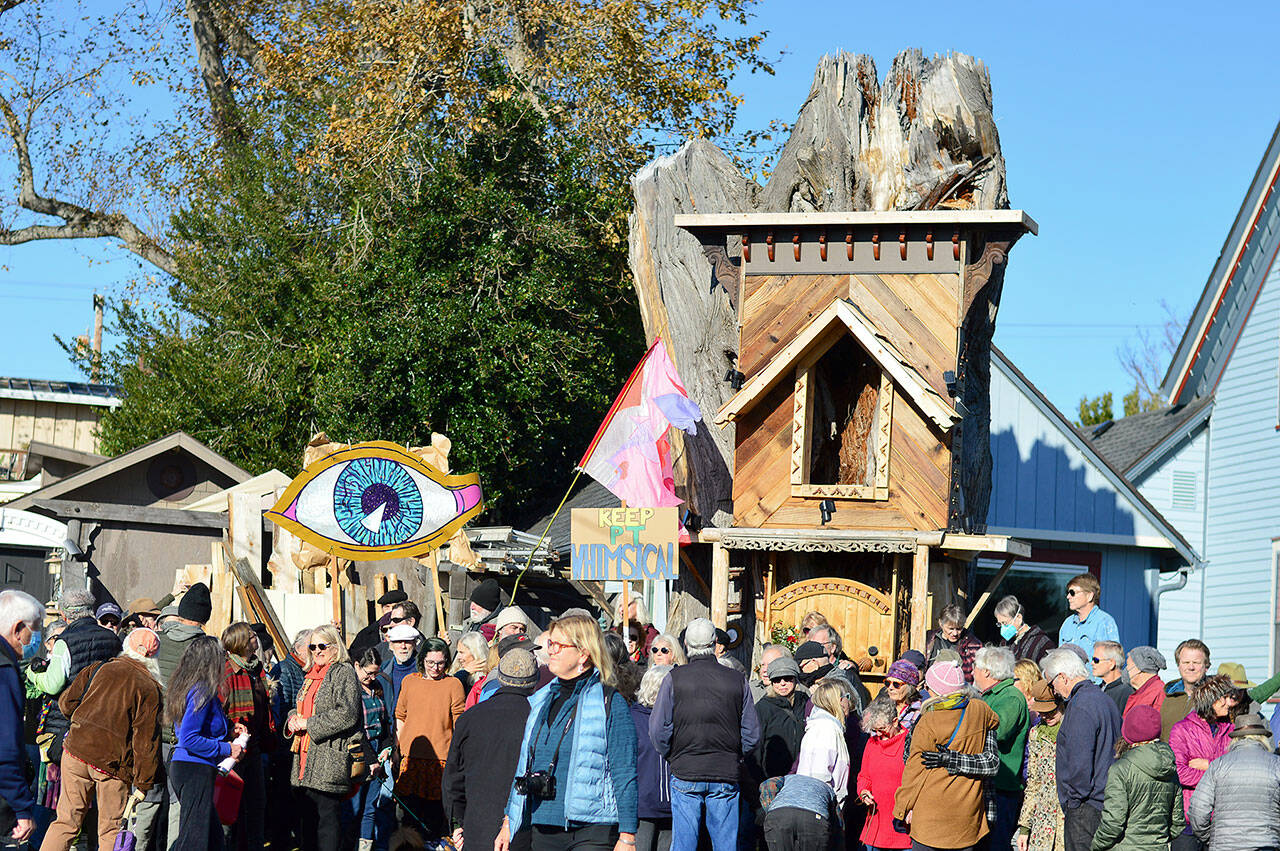About 75 people gathered in support of Kevin Mason’s “Raccoon Lodge” at noon Saturday. The Port Townsend carpenter and artist built the structure on Clay Street with a huge tree stump as its foundation. (Diane Urbani de la Paz/for Peninsula Daily News)