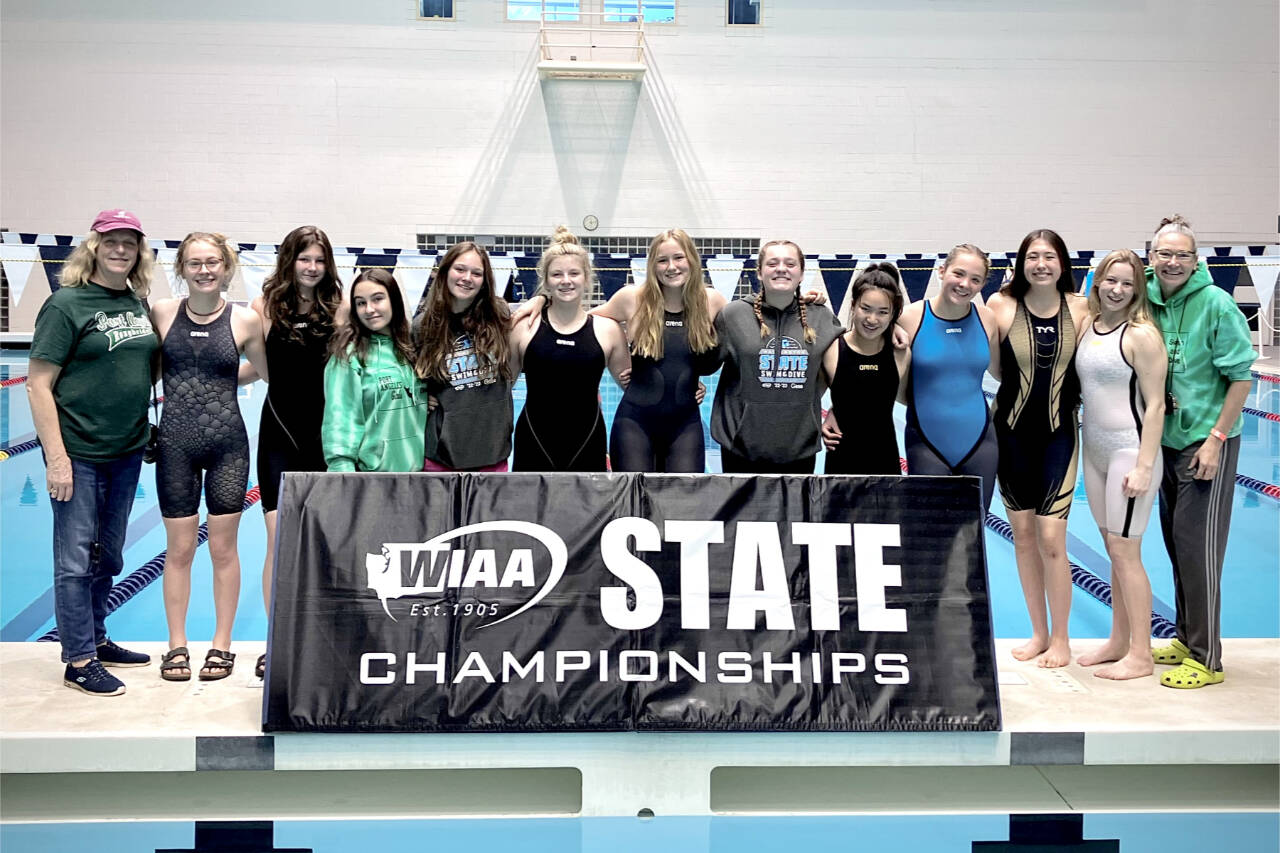 Courtesy photo
The Port Angeles girls swim team finished fifth at the state swim and dive championships, the team's highest finish since 2017. From left are assistant coach Lisa Walls, Mackenzie DuBois, Rachel Cooper, Lucia Garcia-Pulido, Lynzee Reid, Brooke St. Luise, Harper McGuire, Grace Possinger, Yau Fu, Lizzy Shaw, Danika Asgeirsson, Sara Wilson and coach Sally Cole.