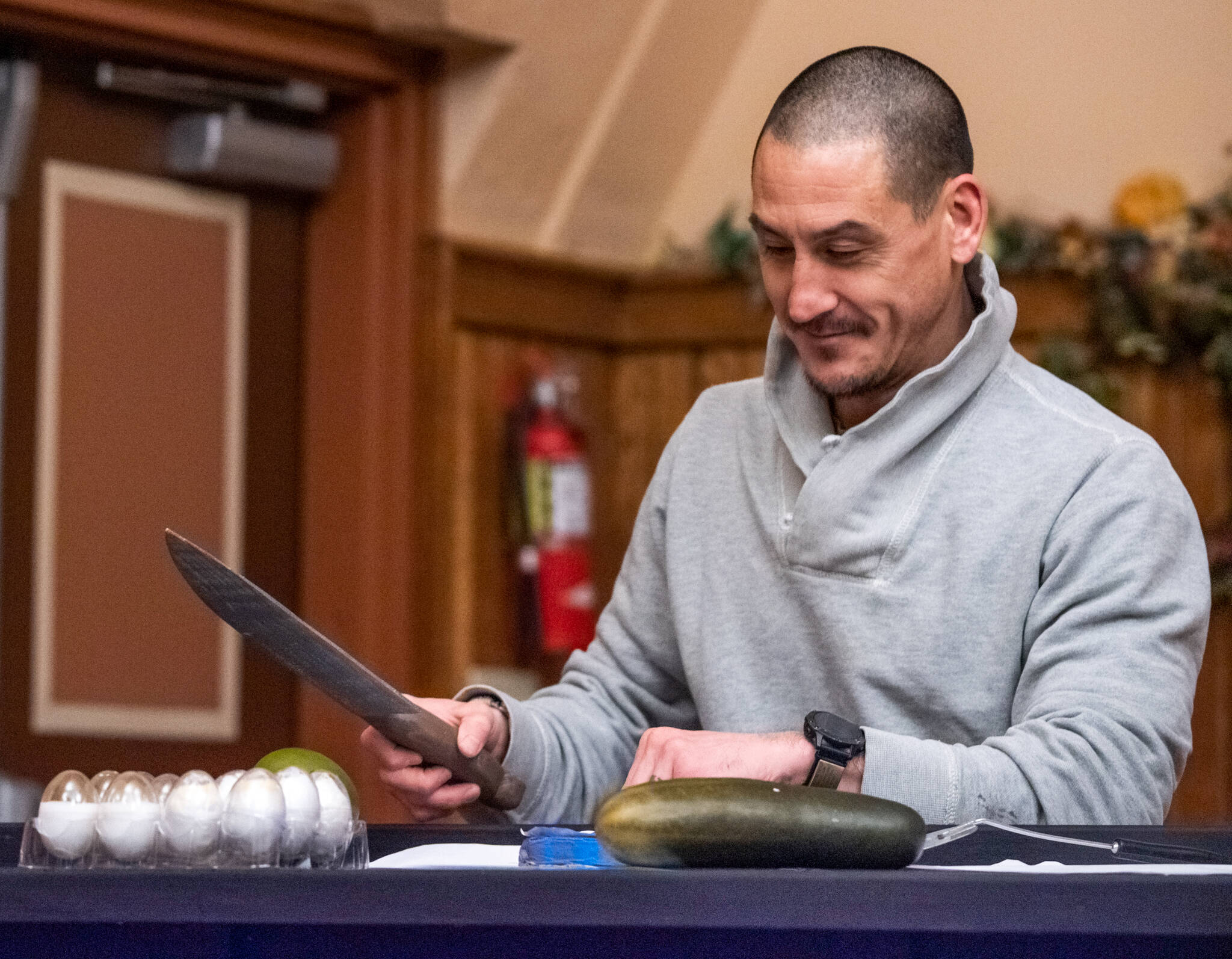 Cort Mao rehearses his role as an inexperienced hibachi chef for the comedy “Karate Cooking” — written by Ryan Macedo and directed by Taylor Dowley — as part of Olympic Theatre Arts’ upcoming New Works Showcase. (Emily Matthiessen/Olympic Peninsula News Group)