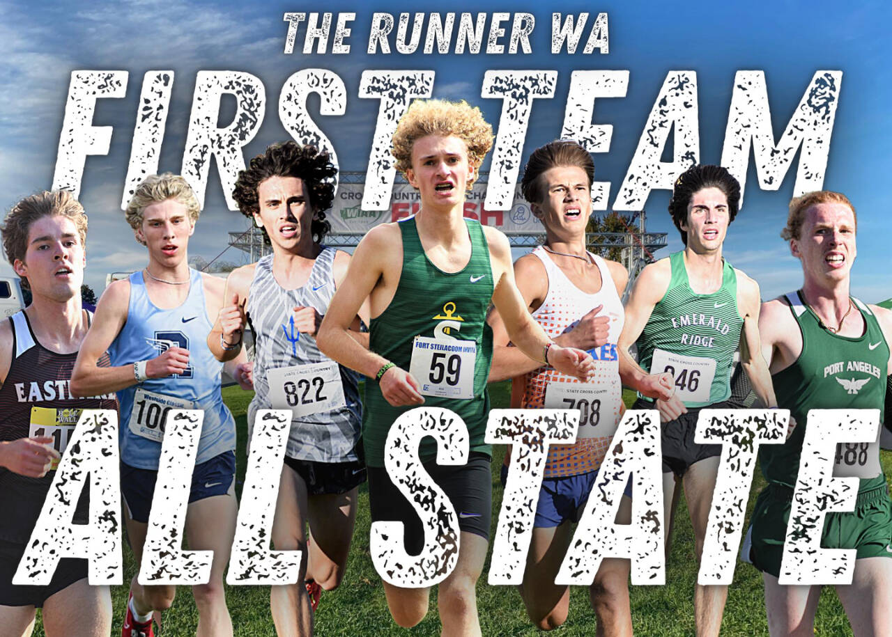 Port Angeles’ Jack Gladfelter, far right, was one of seven athletes named to The Runner WA first-team all-state team of runners. Gladfelter recently came in third at the state 2A cross-country championships.