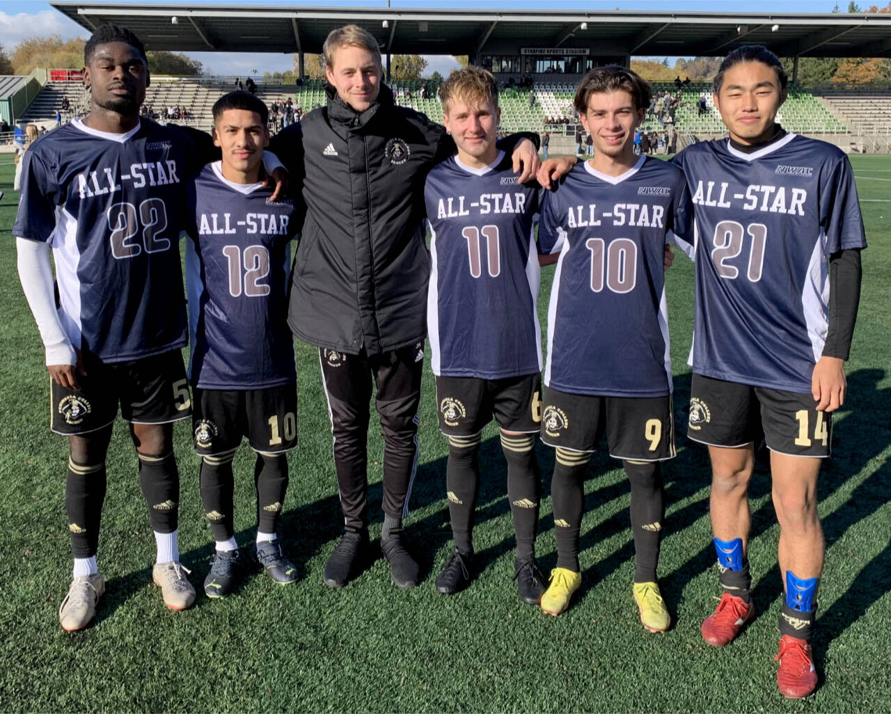The Peninsula College North All Stars soccer players competed in the Northwest Athletic Conference all-star game held Sunday at the Starfire Soccer Complex. From left, Dylan Pauw, Fernando Tavares, coach Jake Hughes, Tim Deser, Pau Vivas Ayala and Shu Kato.
